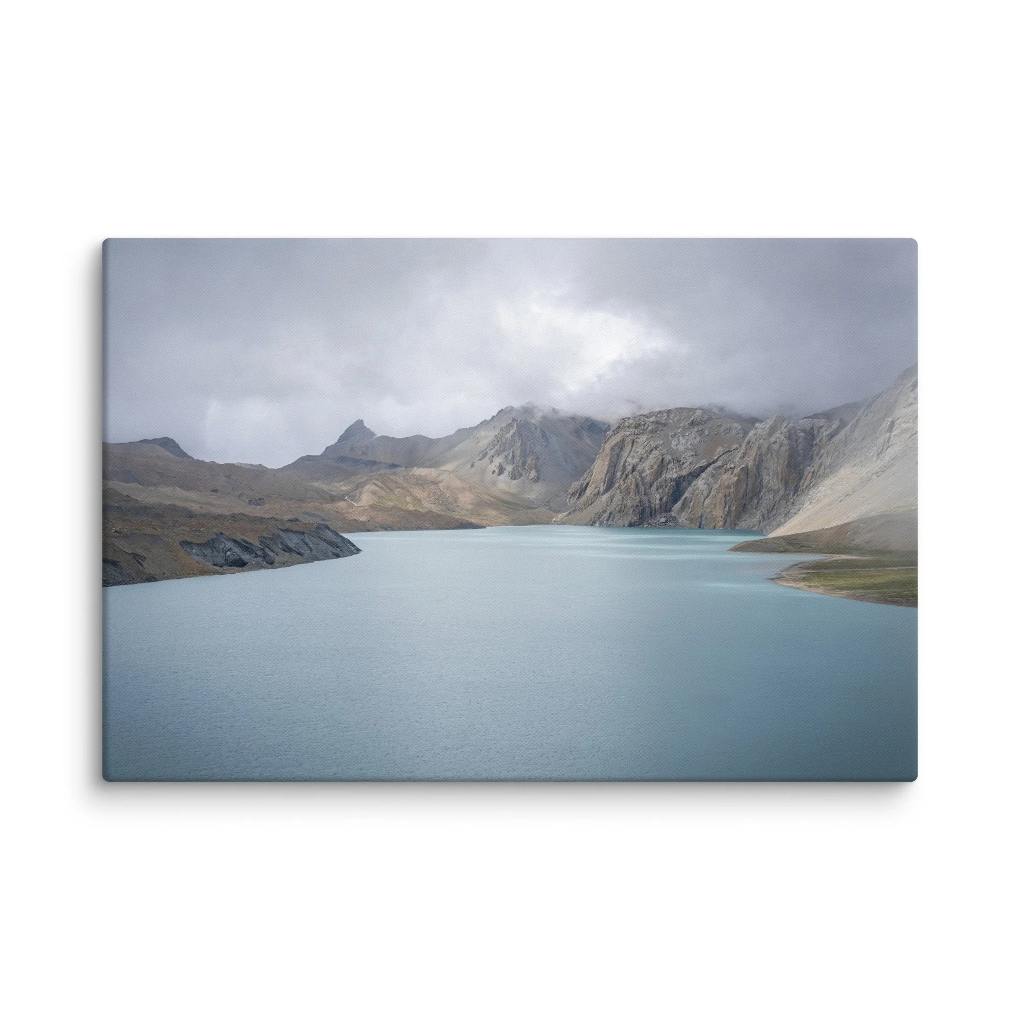 Turquoise glacial lake surrounded by rugged Himalayan peaks and snow-dusted ridges on the Annapurna Circuit, Nepal – high-altitude trekking travel photography canvas print wall art decor
