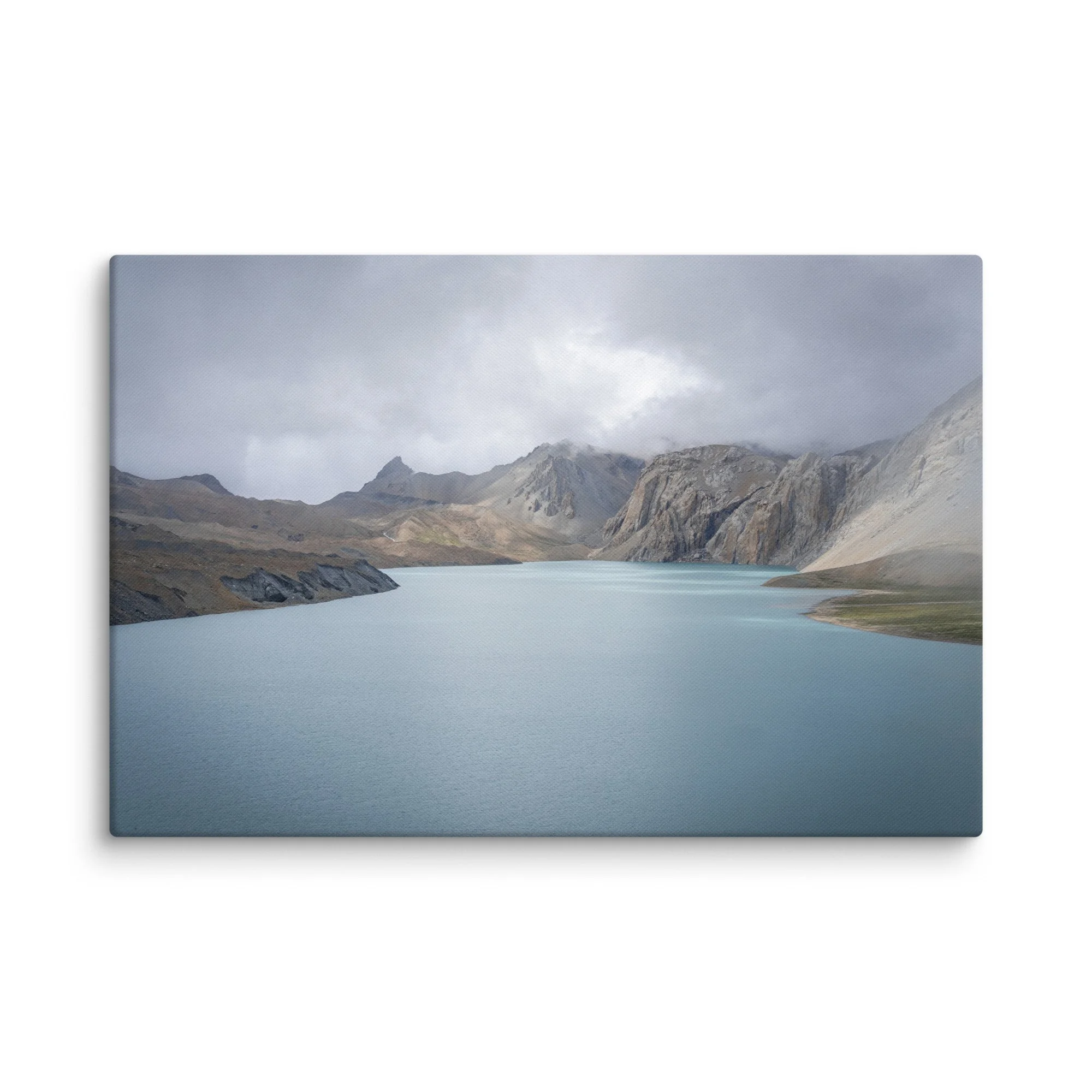 Turquoise glacial lake surrounded by rugged Himalayan peaks and snow-dusted ridges on the Annapurna Circuit, Nepal – high-altitude trekking travel photography canvas print wall art decor