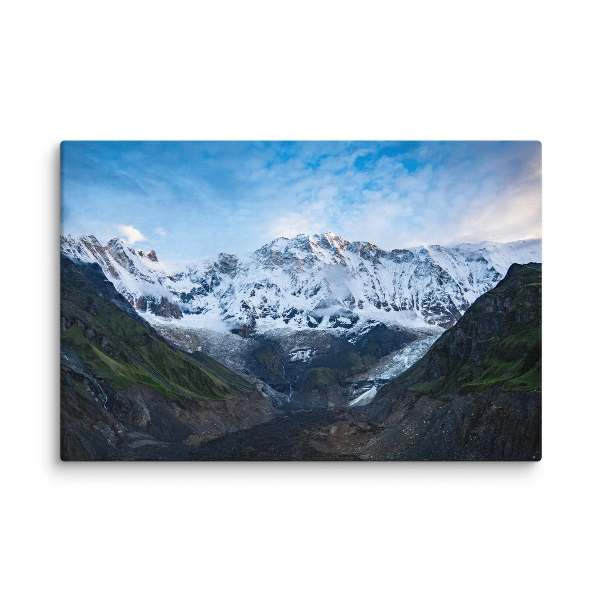Majestic snow-covered Himalayan peak (Annapurna South or Machhapuchhre) rising through swirling clouds at Annapurna Base Camp, Nepal – high-altitude trekking spiritual travel