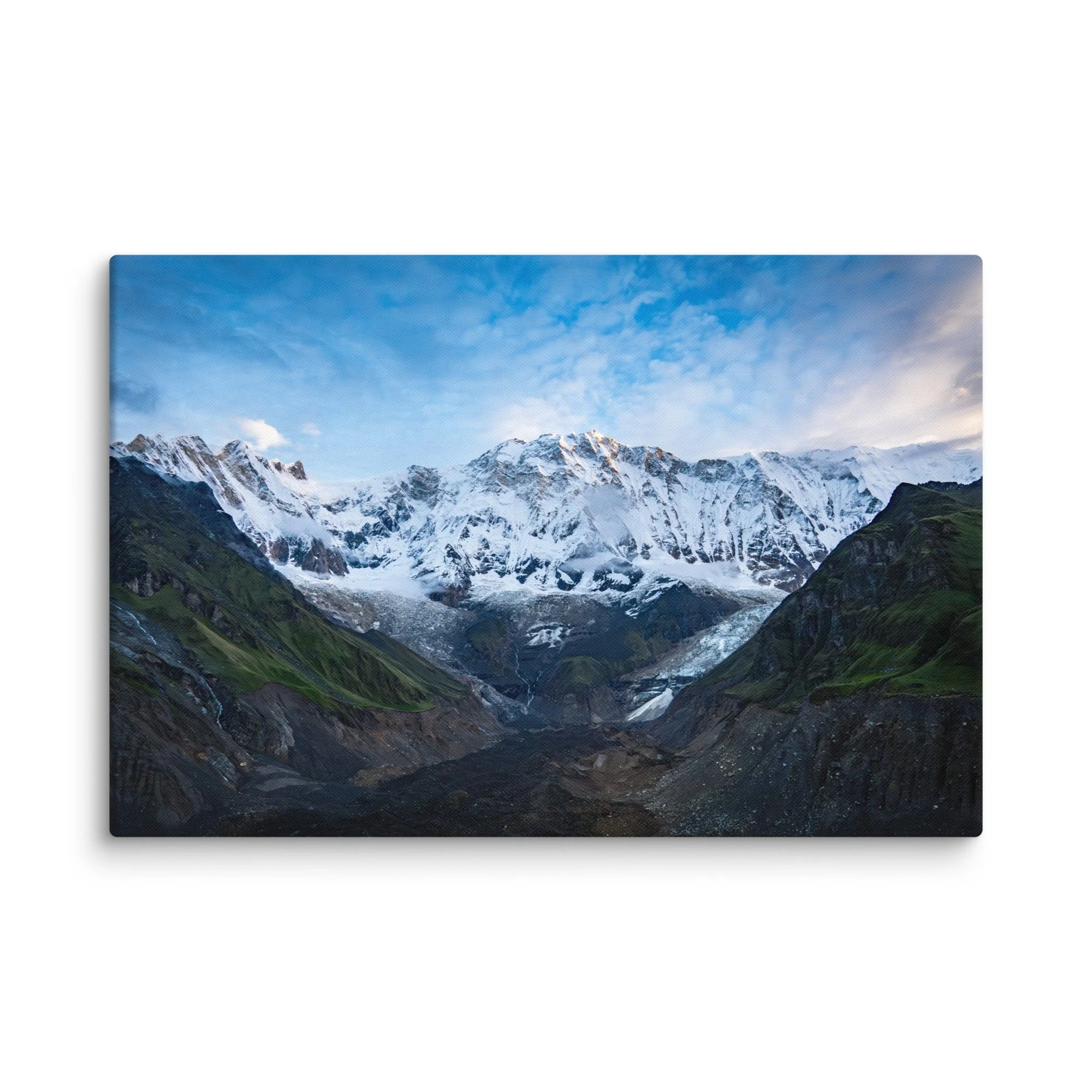 Majestic snow-covered Himalayan peak (Annapurna South or Machhapuchhre) rising through swirling clouds at Annapurna Base Camp, Nepal – high-altitude trekking spiritual travel