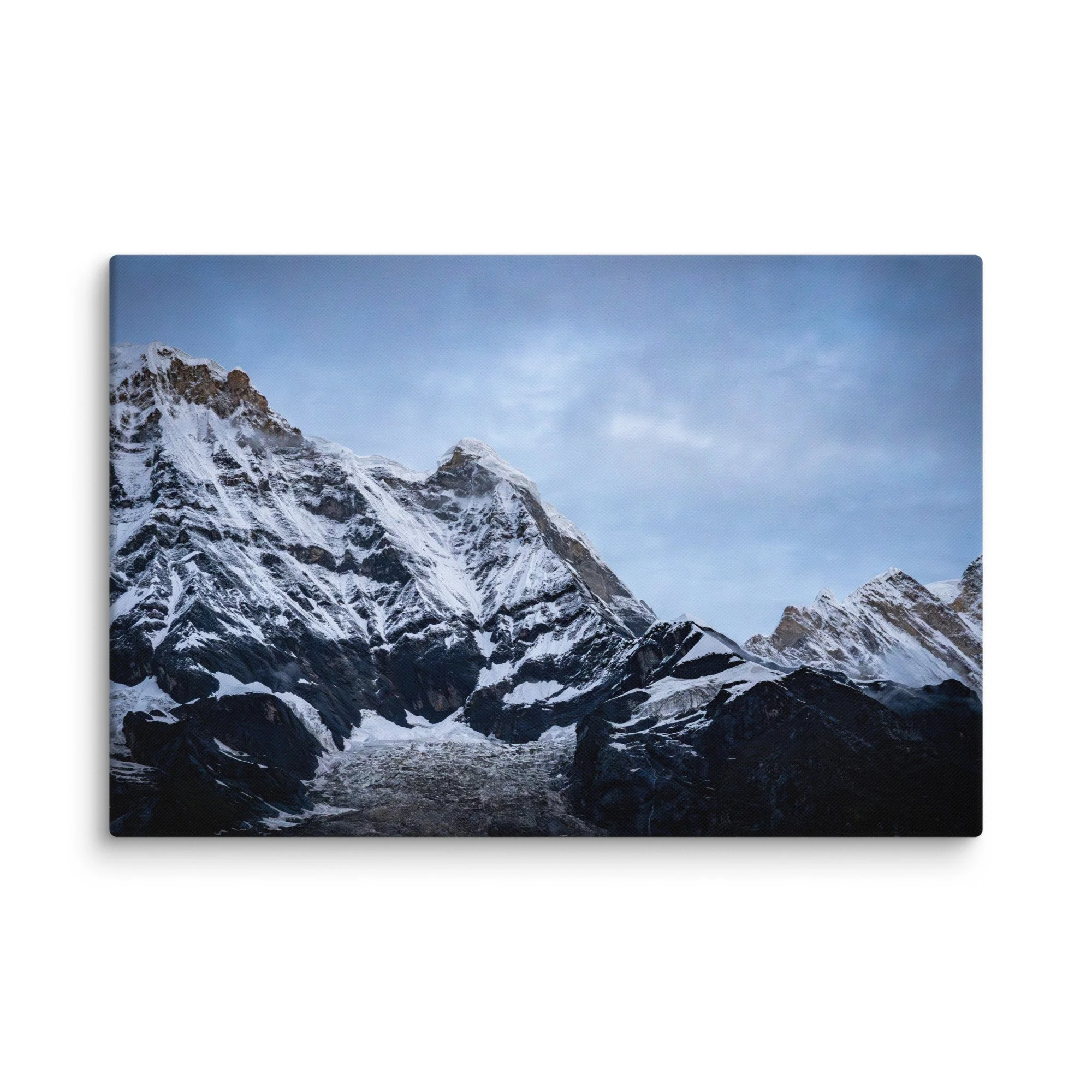 Vast glacial amphitheater with towering snow-covered Himalayan peaks in twilight light at Annapurna Base Camp, Nepal – high-altitude trekking spiritual travel photography canvas print wall