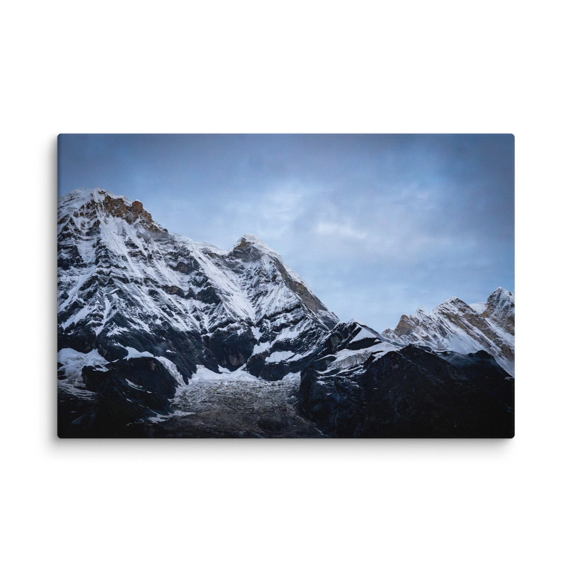 Vast glacial amphitheater with towering snow-covered Himalayan peaks in twilight light at Annapurna Base Camp, Nepal – high-altitude trekking spiritual travel photography canvas print wall