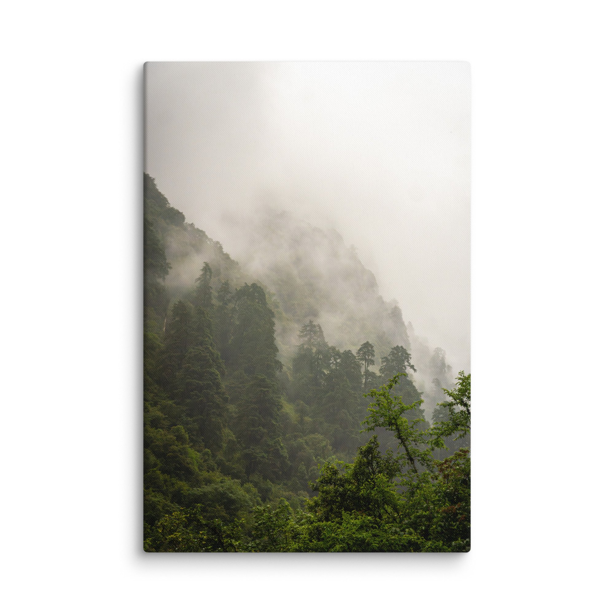 Lush misty rhododendron and pine forest valley on the Annapurna Circuit/Base Camp Trek, Nepal with towering green slopes and distant Himalayan peaks – high-altitude trekking travel