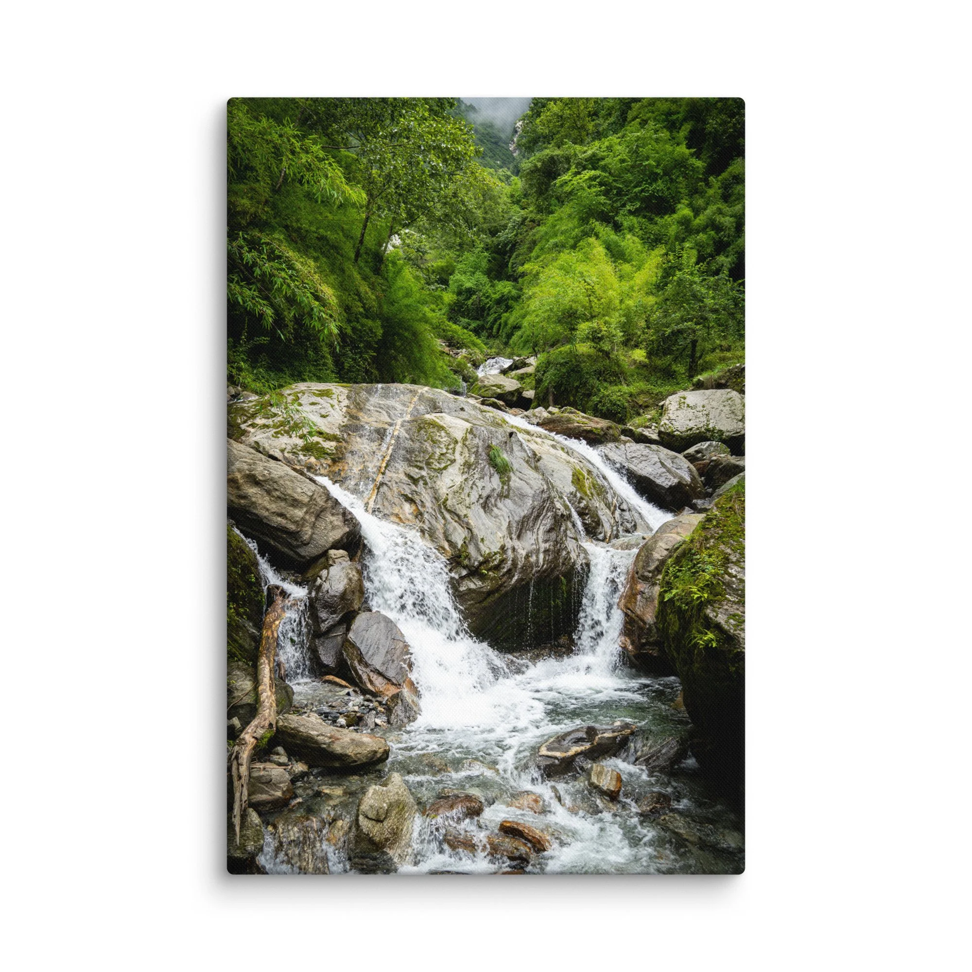 Lush misty rhododendron and pine forest valley on the Annapurna Circuit/Base Camp Trek, Nepal with towering green slopes and distant Himalayan peaks – high-altitude trekking travel