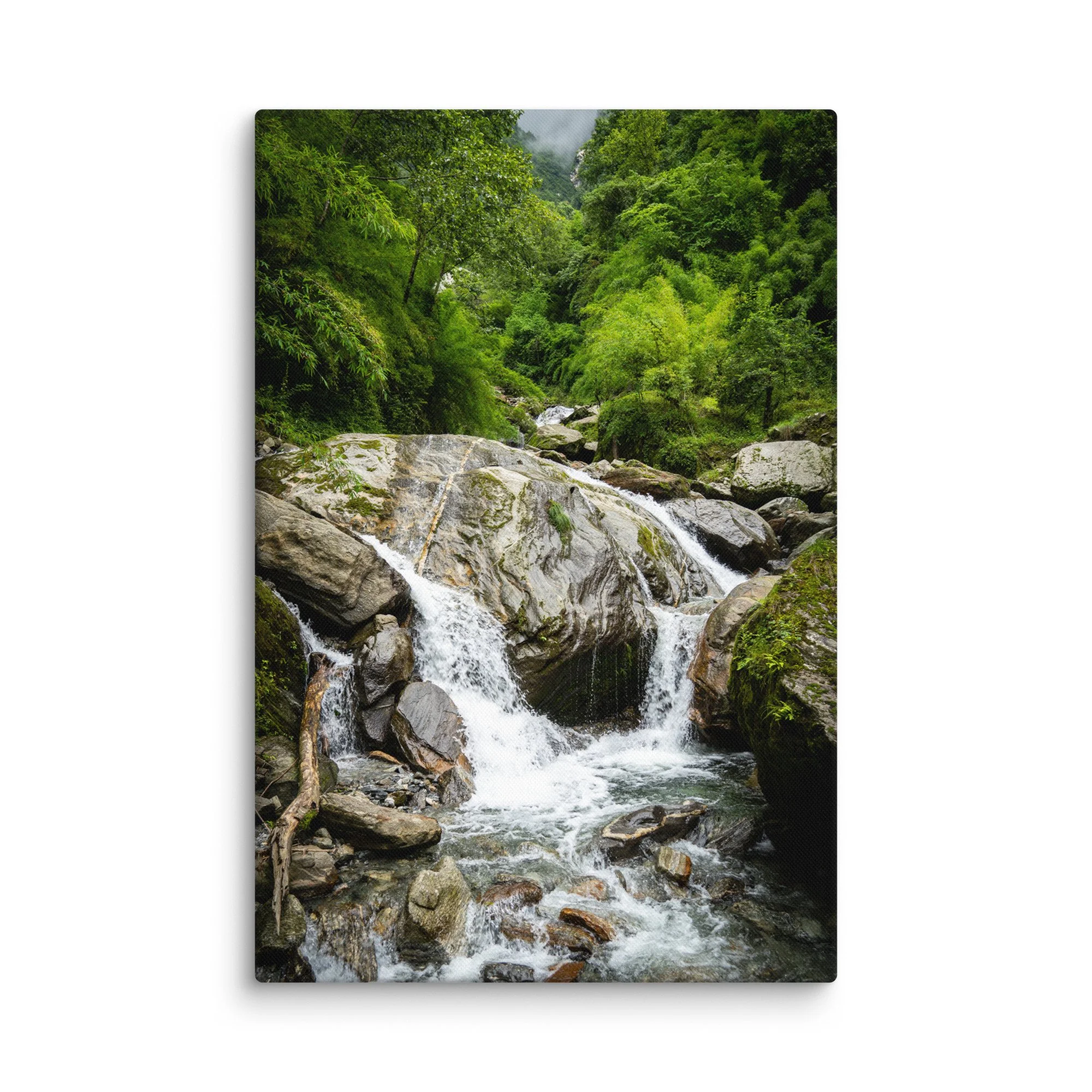 Lush misty rhododendron and pine forest valley on the Annapurna Circuit/Base Camp Trek, Nepal with towering green slopes and distant Himalayan peaks – high-altitude trekking travel