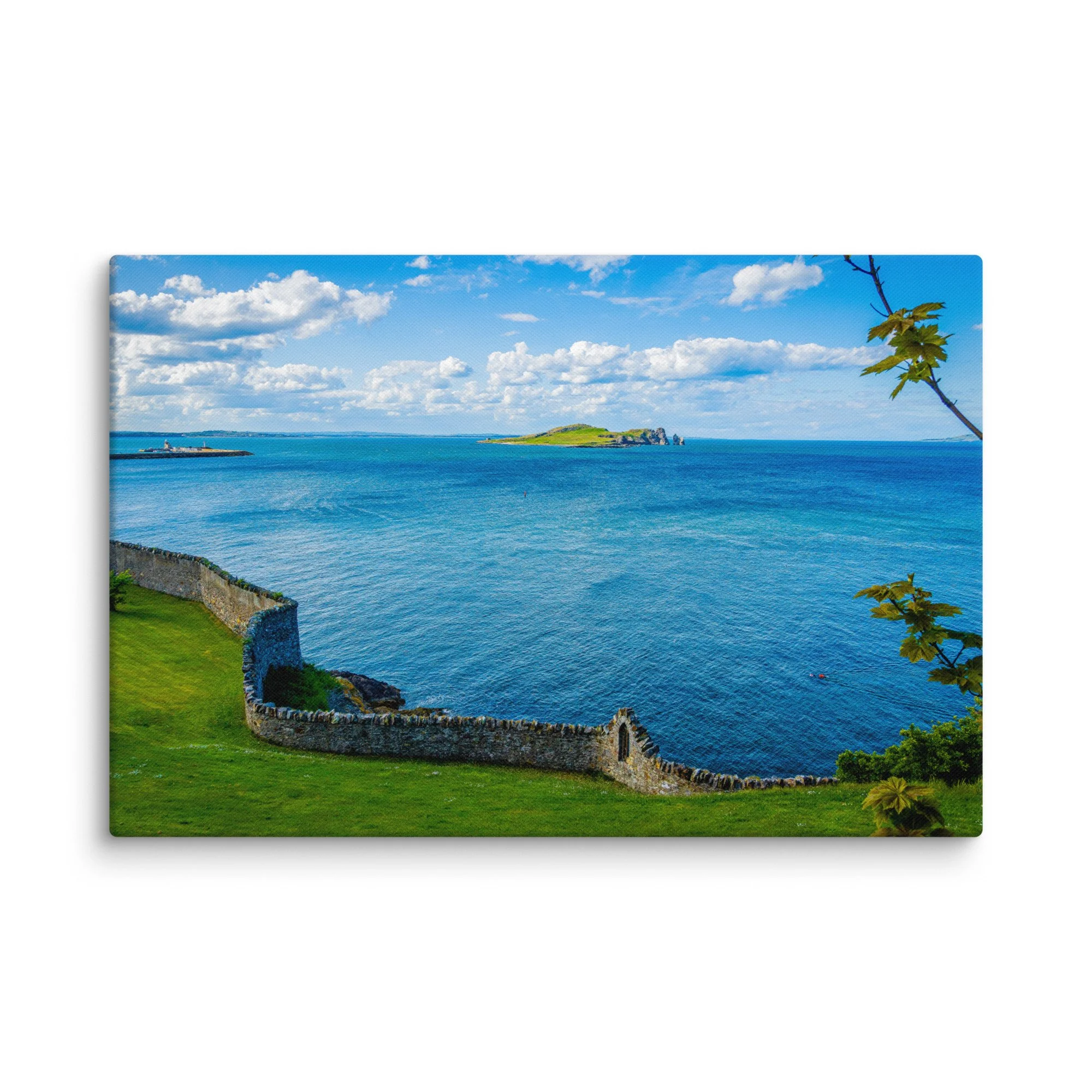 Historic stone pier of the Great South Wall curving into turquoise Dublin Bay, Ireland under bright blue sky with distant islands – Celtic coastal travel photography canvas print wall art decor