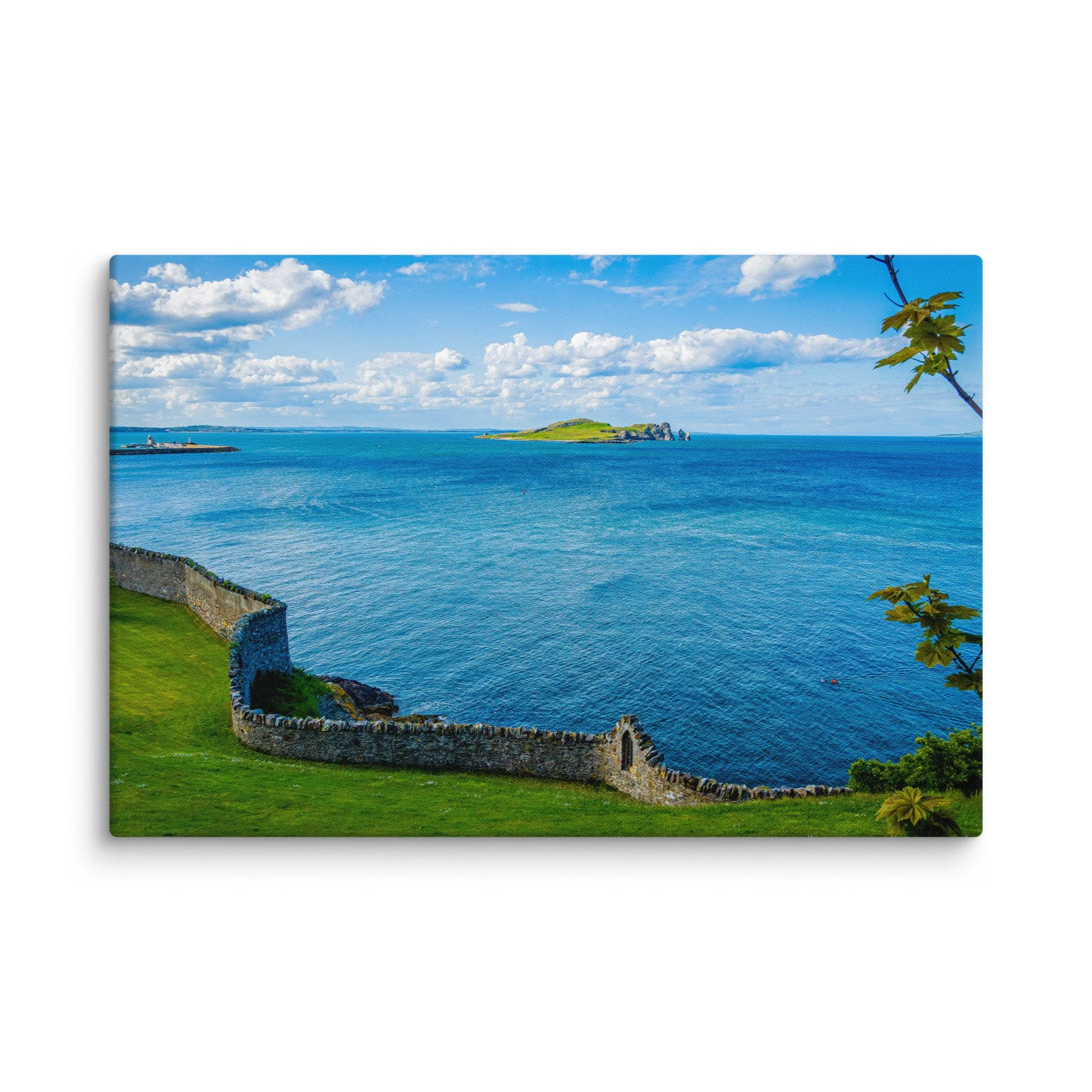 Historic stone pier of the Great South Wall curving into turquoise Dublin Bay, Ireland under bright blue sky with distant islands – Celtic coastal travel photography canvas print wall art decor