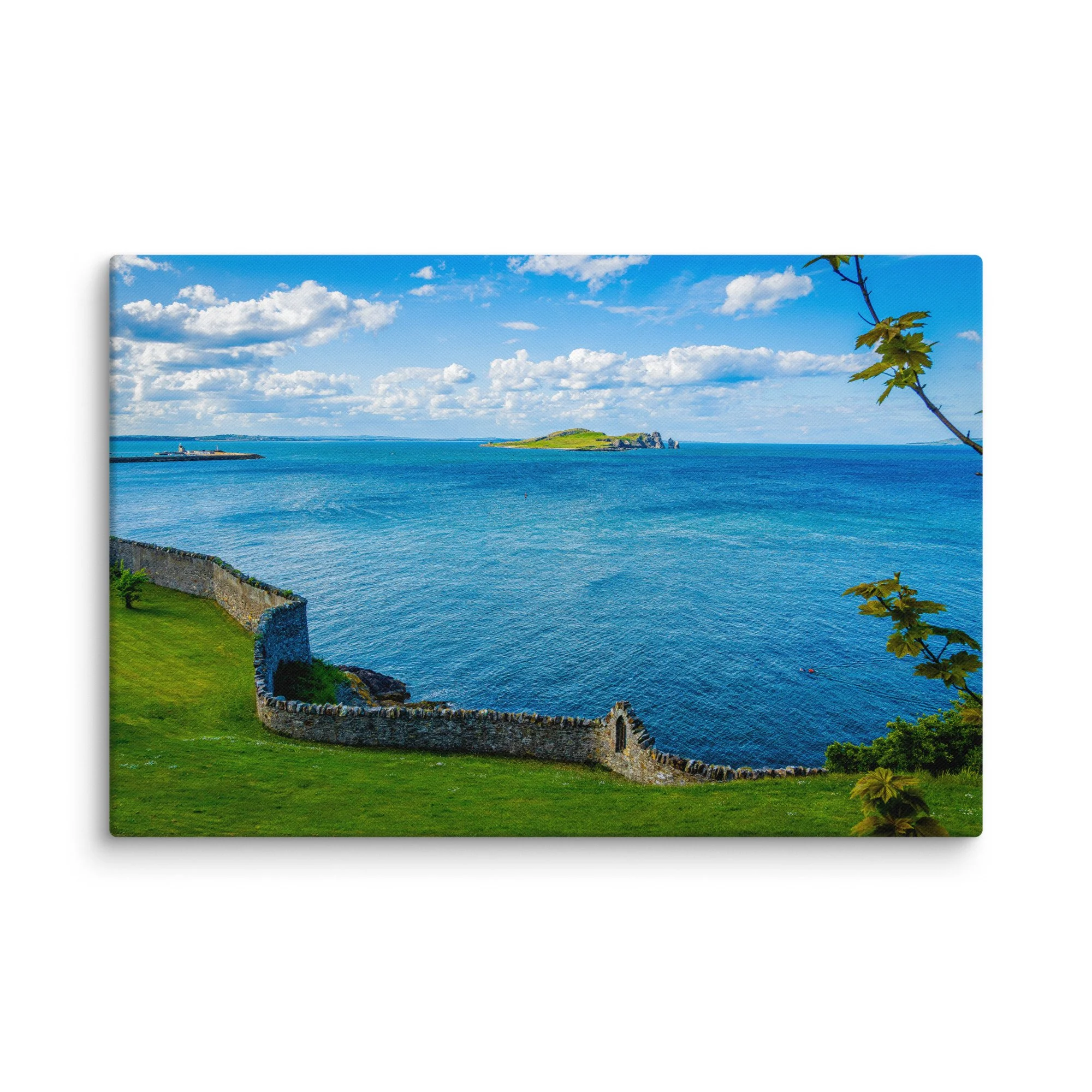 Historic stone pier of the Great South Wall curving into turquoise Dublin Bay, Ireland under bright blue sky with distant islands – Celtic coastal travel photography canvas print wall art decor