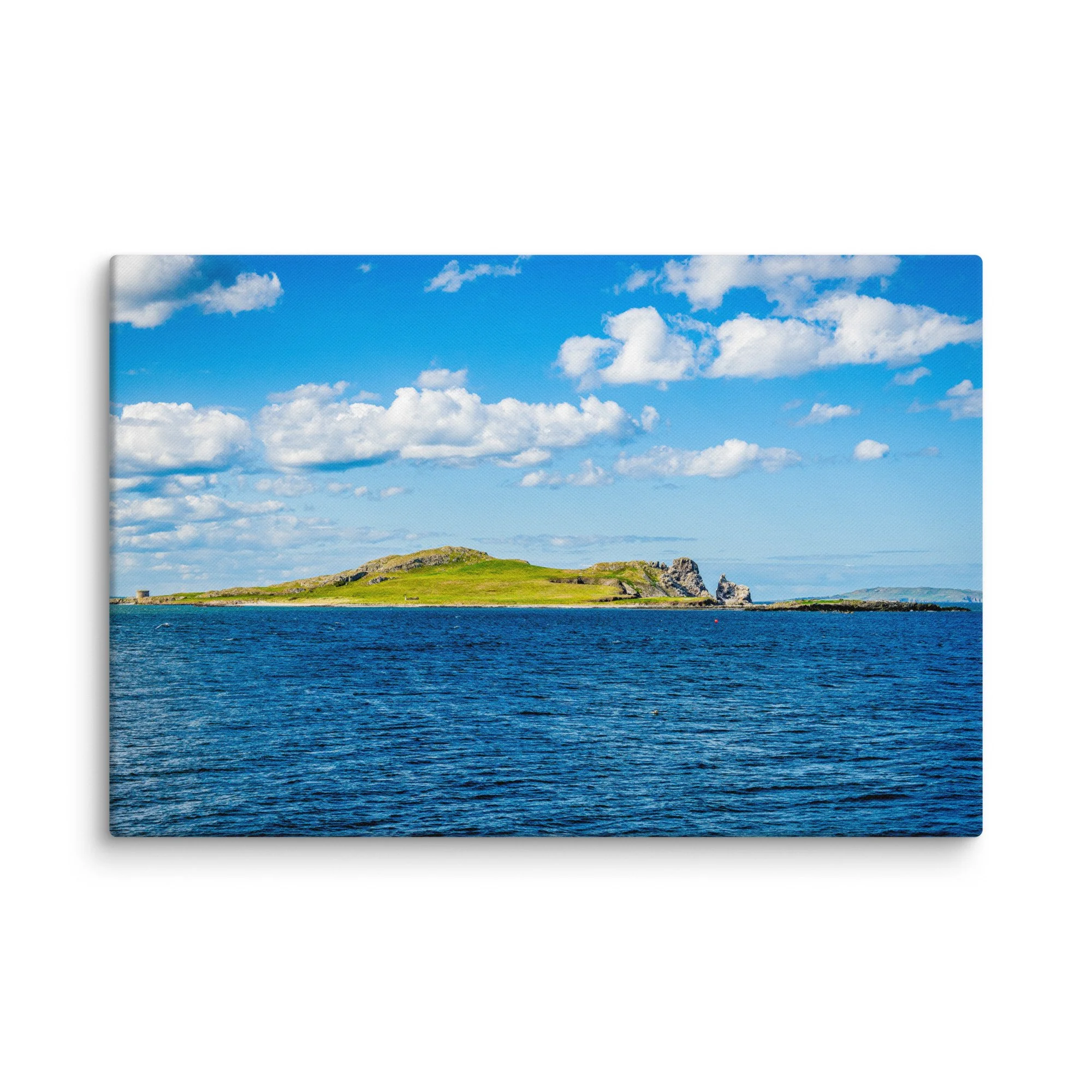 Remote Skellig Michael island with ancient ruins rising from turquoise Atlantic waters under bright blue sky, Ireland – Celtic coastal travel photography canvas print wall art decor