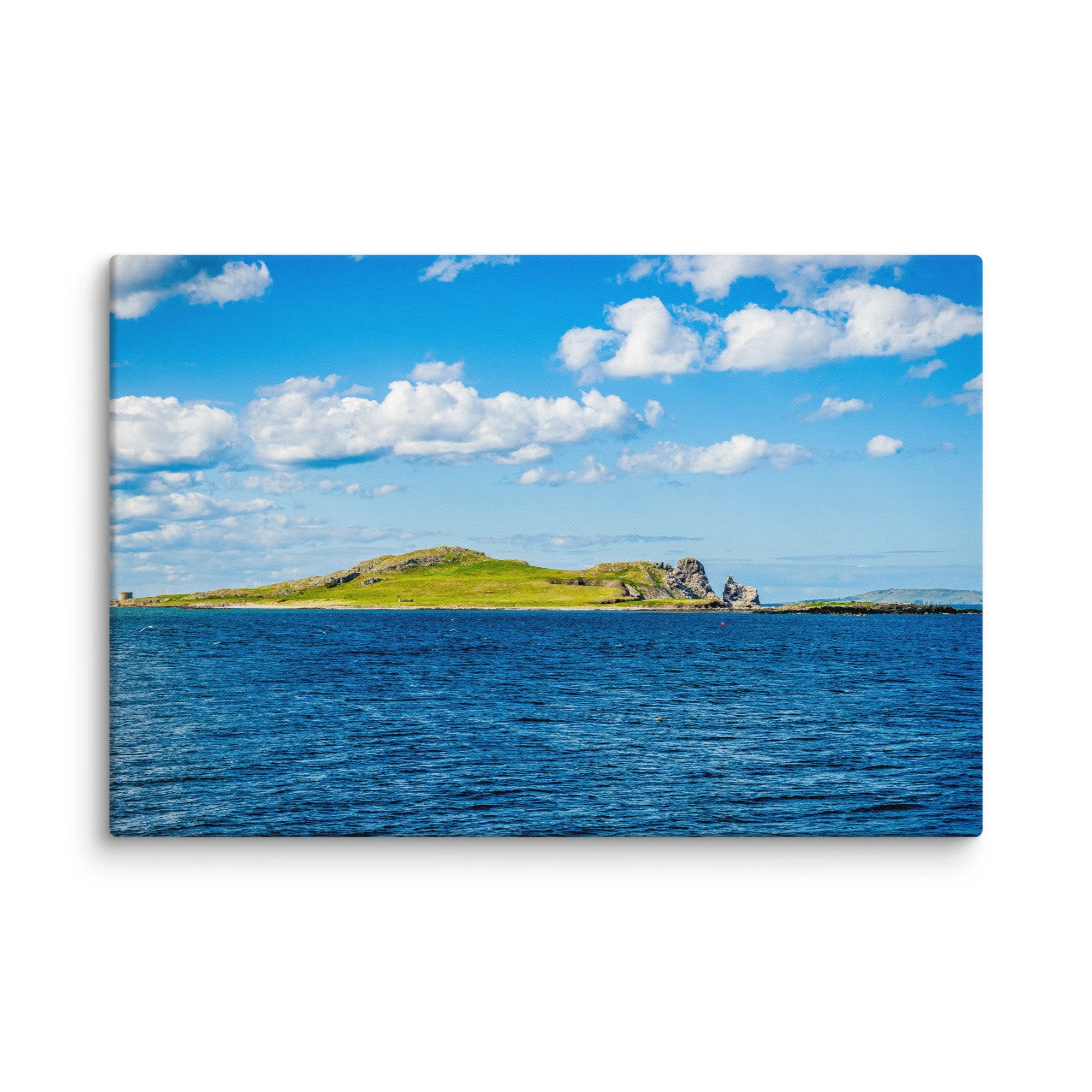 Remote Skellig Michael island with ancient ruins rising from turquoise Atlantic waters under bright blue sky, Ireland – Celtic coastal travel photography canvas print wall art decor