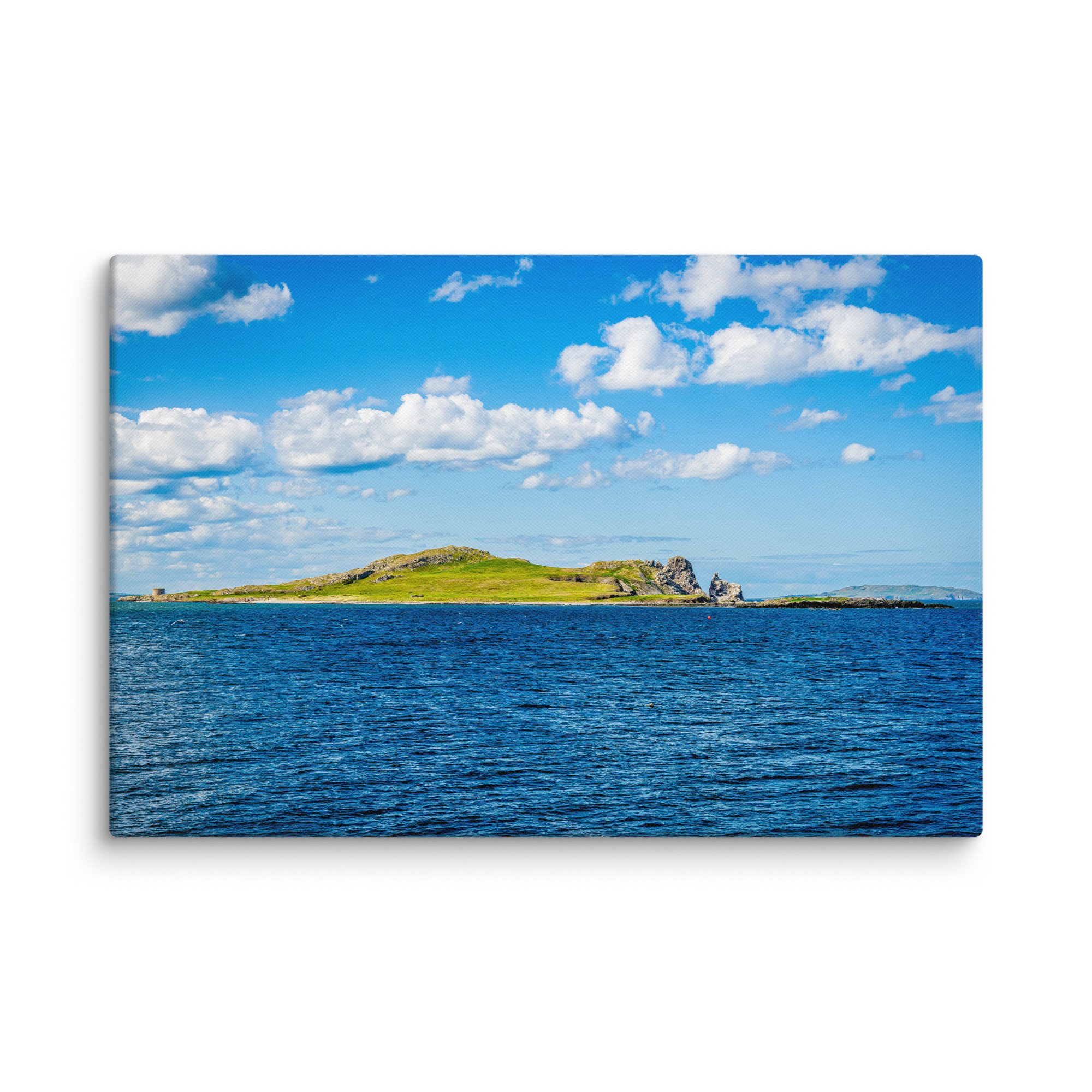 Remote Skellig Michael island with ancient ruins rising from turquoise Atlantic waters under bright blue sky, Ireland – Celtic coastal travel photography canvas print wall art decor
