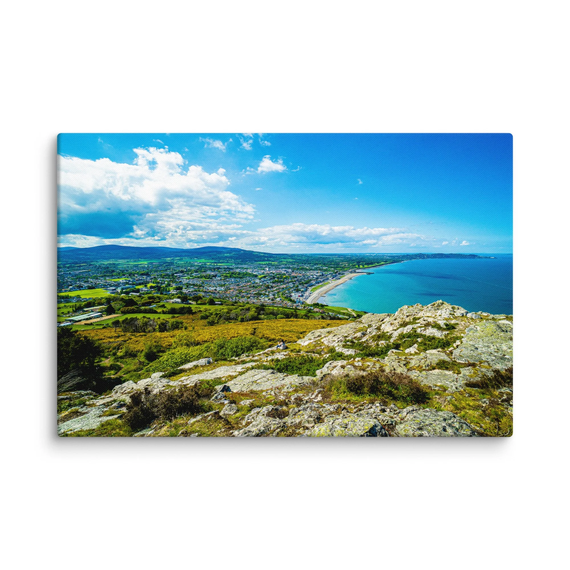 Vibrant green hillside with blooming yellow gorse overlooking turquoise Atlantic Ocean and distant coastline from Bray Head or Howth Cliff, Ireland – Celtic coastal travel photography canvas