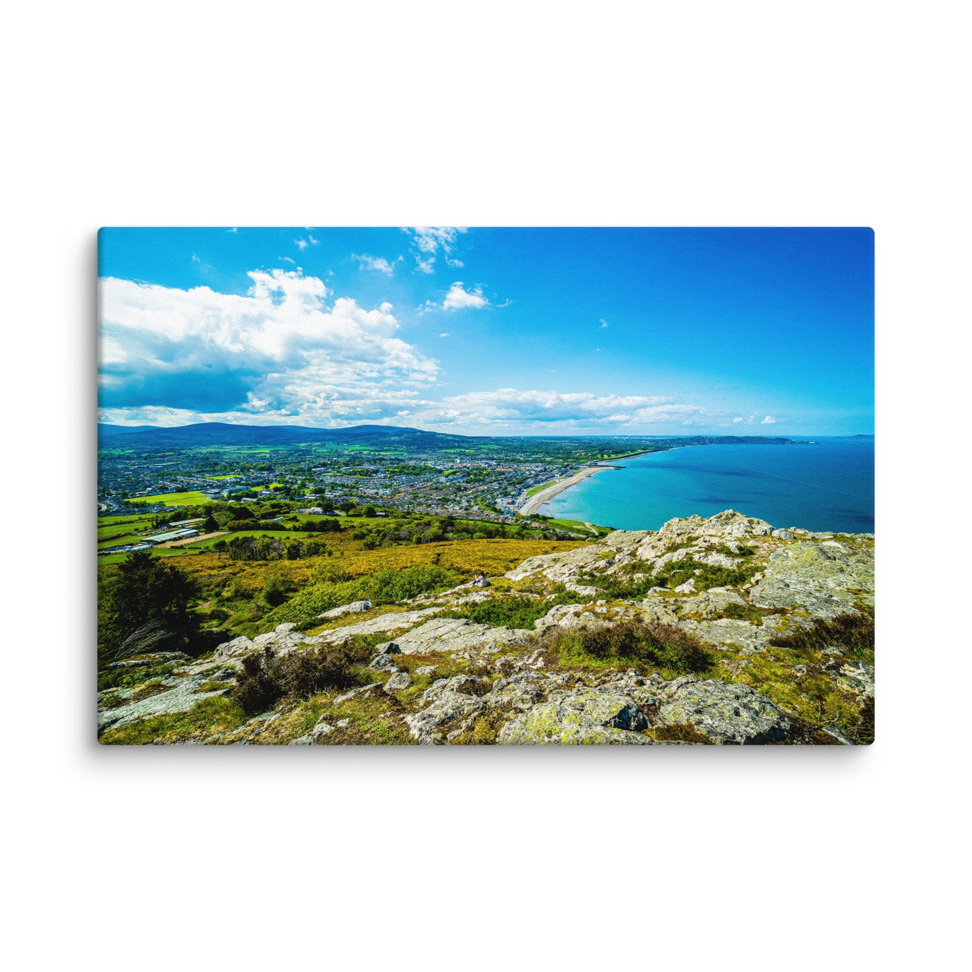 Vibrant green hillside with blooming yellow gorse overlooking turquoise Atlantic Ocean and distant coastline from Bray Head or Howth Cliff, Ireland – Celtic coastal travel photography canvas