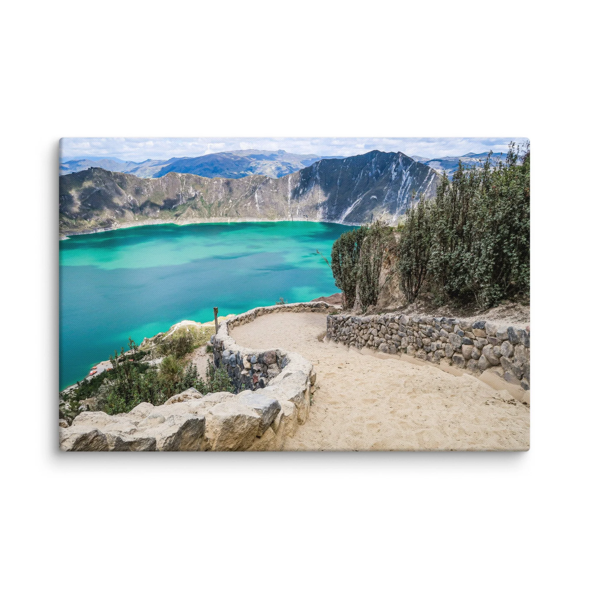 Panoramic view of turquoise Quilotoa Lagoon from the crater rim viewpoint, Ecuador, with rugged volcanic walls and distant Andean peaks – high-altitude trekking travel photography canvas