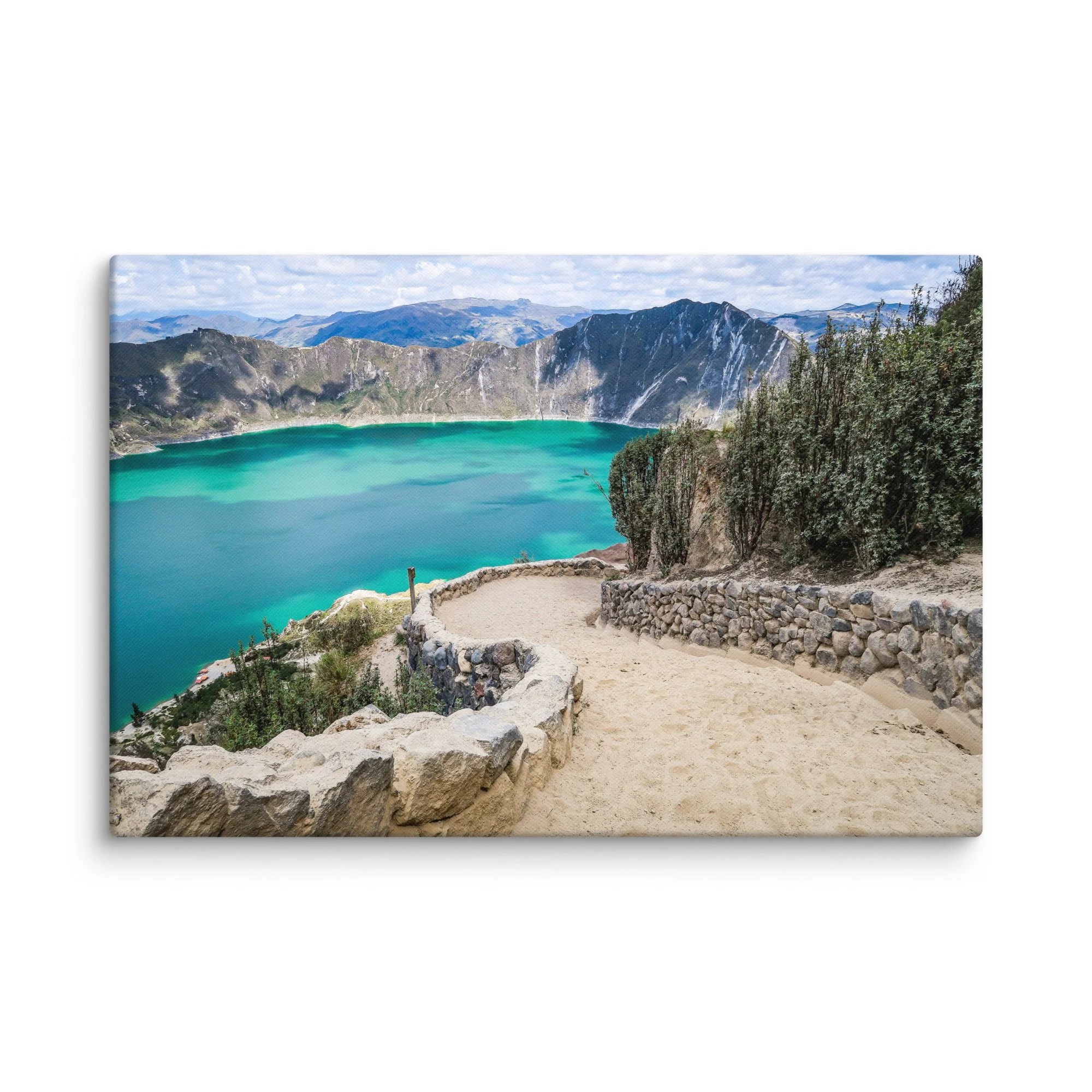 Panoramic view of turquoise Quilotoa Lagoon from the crater rim viewpoint, Ecuador, with rugged volcanic walls and distant Andean peaks – high-altitude trekking travel photography canvas