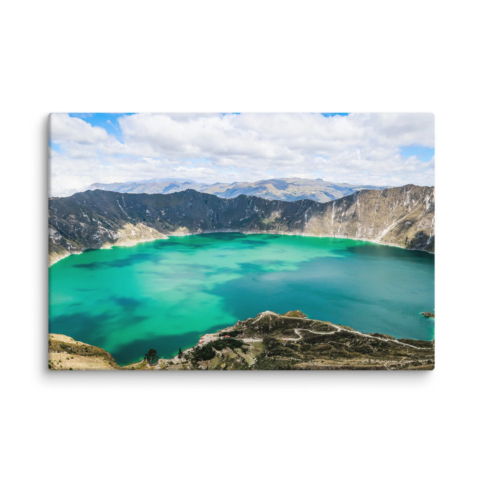 Panoramic view of vibrant turquoise Quilotoa Lagoon crater from the rim, surrounded by rugged volcanic walls and distant Andean peaks, Ecuador – high-altitude trekking travel