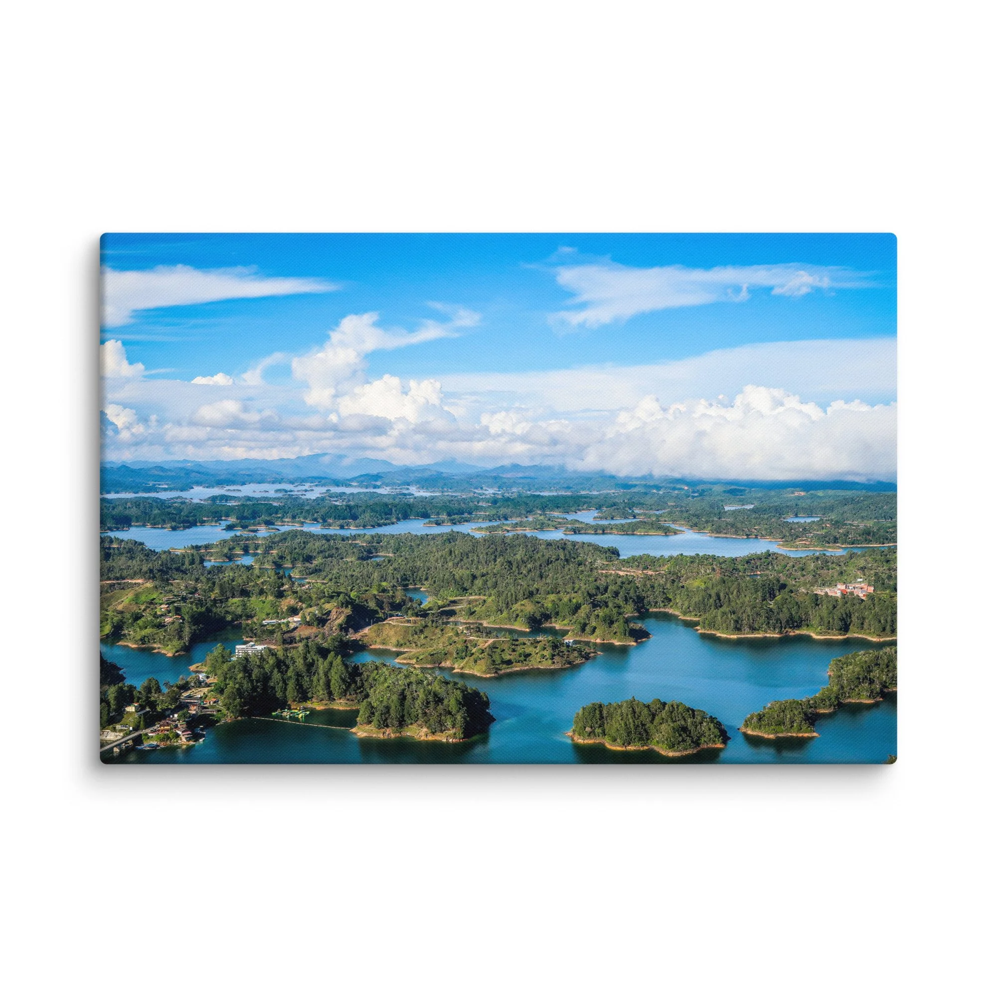 Aerial panoramic view of turquoise Guatapé Reservoir with lush green islands and distant Andean mountains, Colombia – tropical lake travel photography canvas print wall art decor
