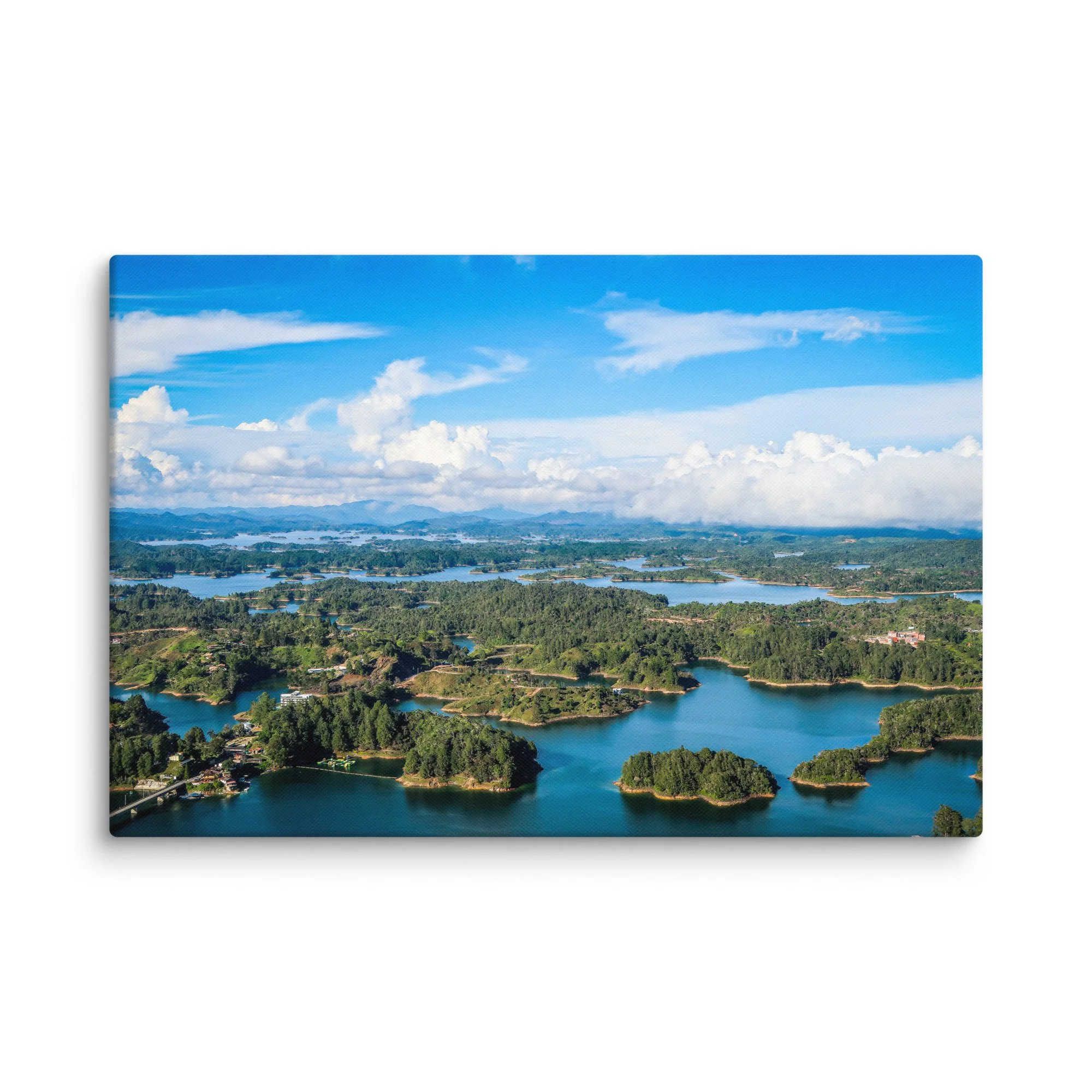 Aerial panoramic view of turquoise Guatapé Reservoir with lush green islands and distant Andean mountains, Colombia – tropical lake travel photography canvas print wall art decor