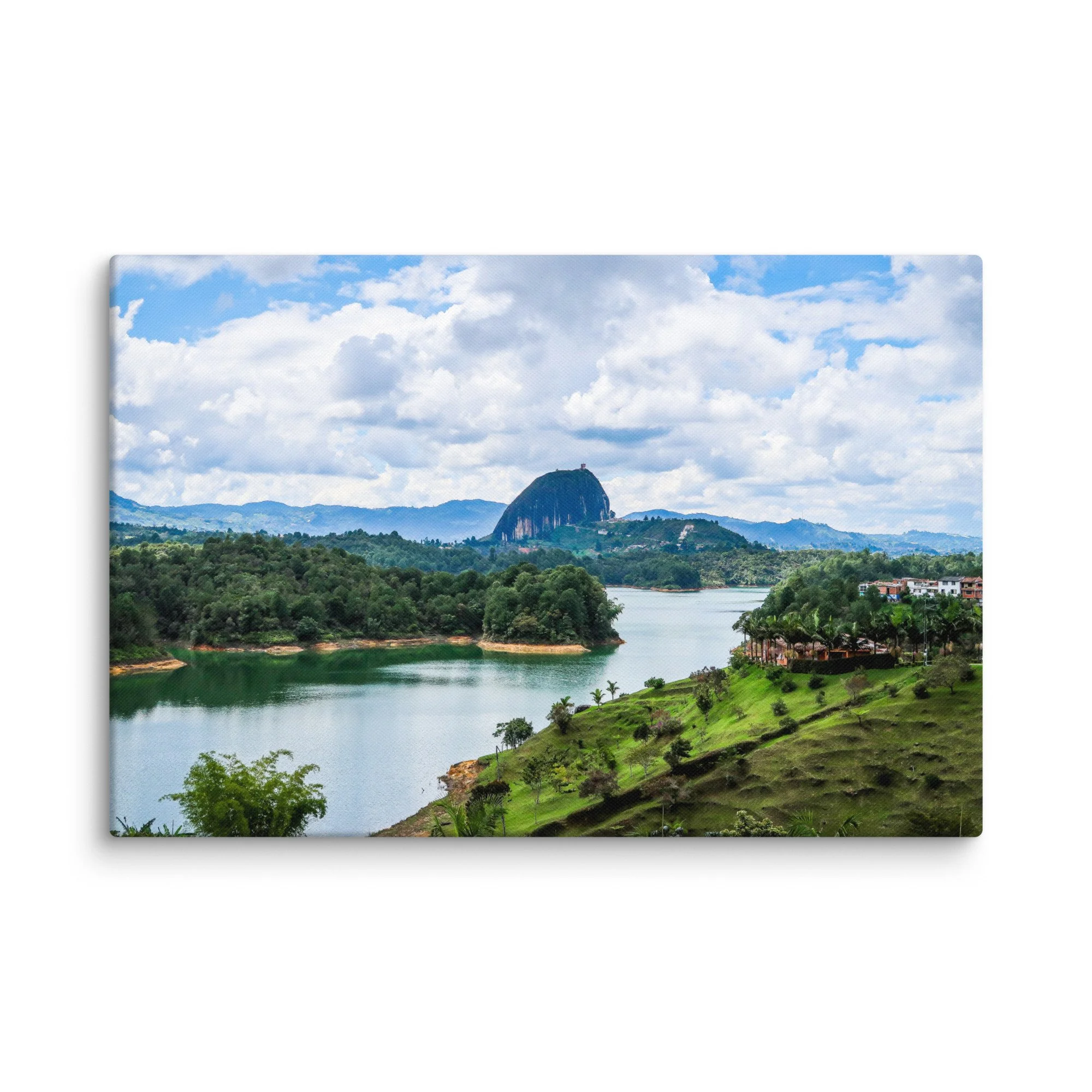 Iconic El Peñol Rock rising from turquoise Guatapé Reservoir with lush green islands and distant Andean mountains, Colombia – tropical lake travel photography canvas print wall art decor
