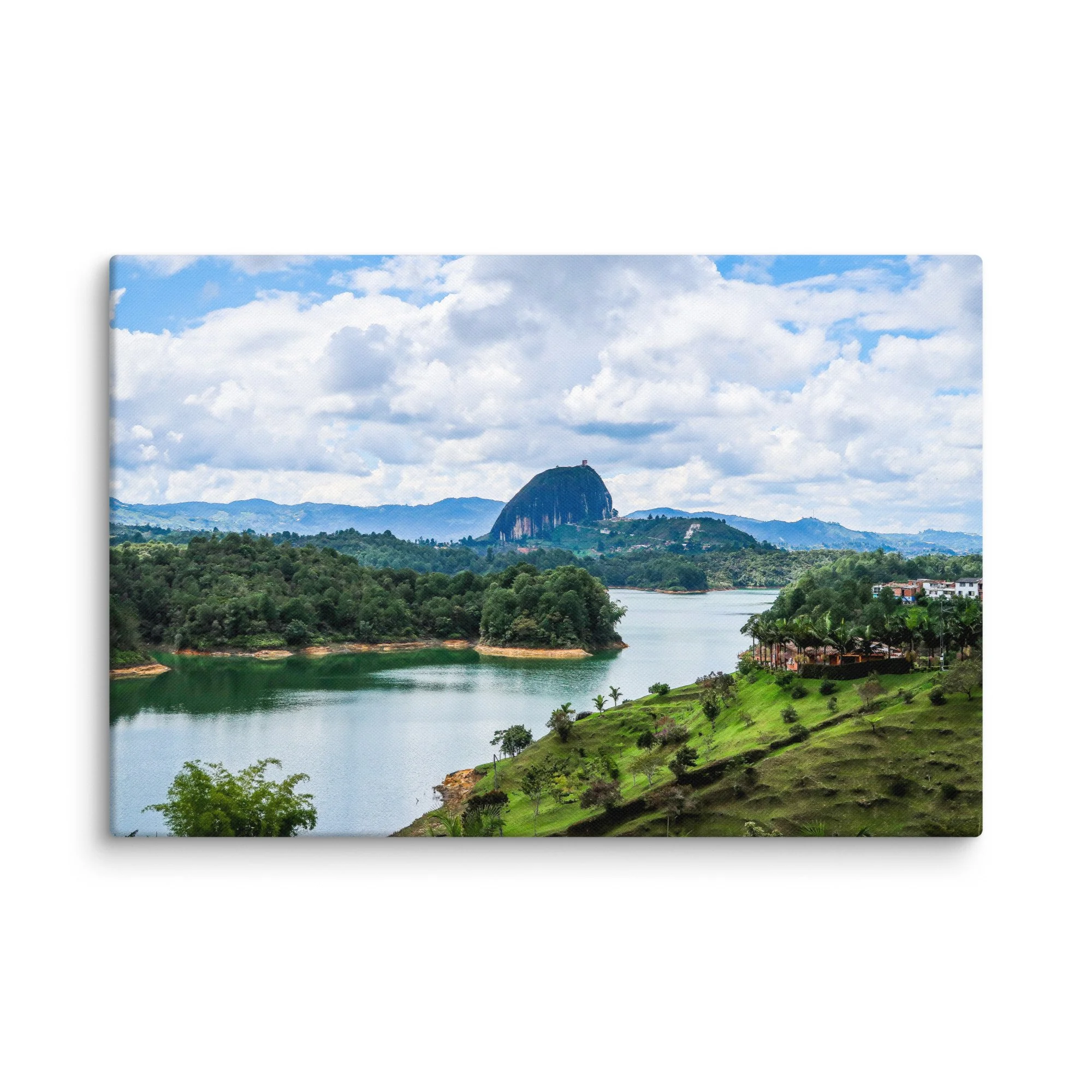 Iconic El Peñol Rock rising from turquoise Guatapé Reservoir with lush green islands and distant Andean mountains, Colombia – tropical lake travel photography canvas print wall art decor