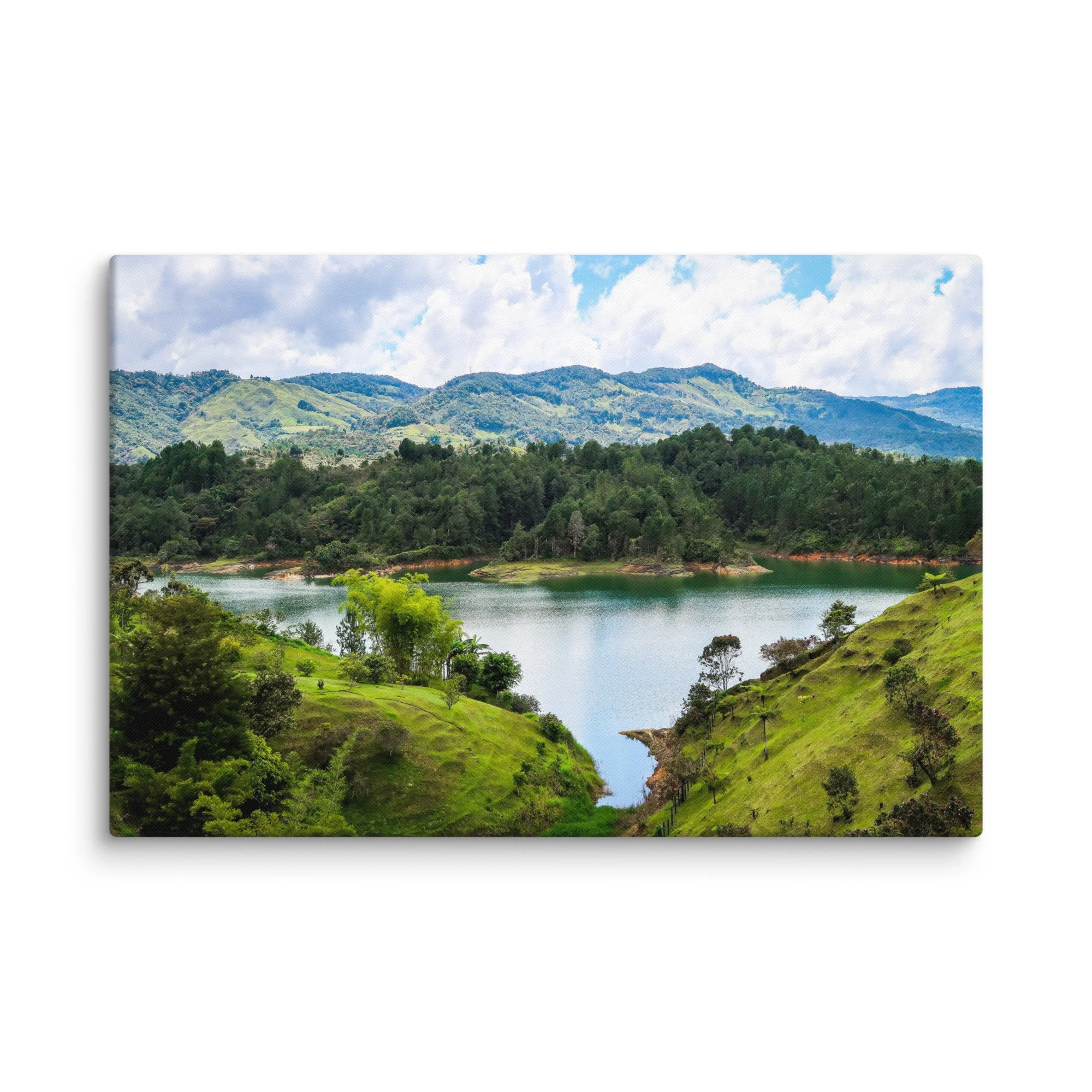 Iconic El Peñol Rock rising from turquoise Guatapé Reservoir with lush green islands and distant Andean mountains, Colombia – tropical lake travel photography canvas print wall art decor