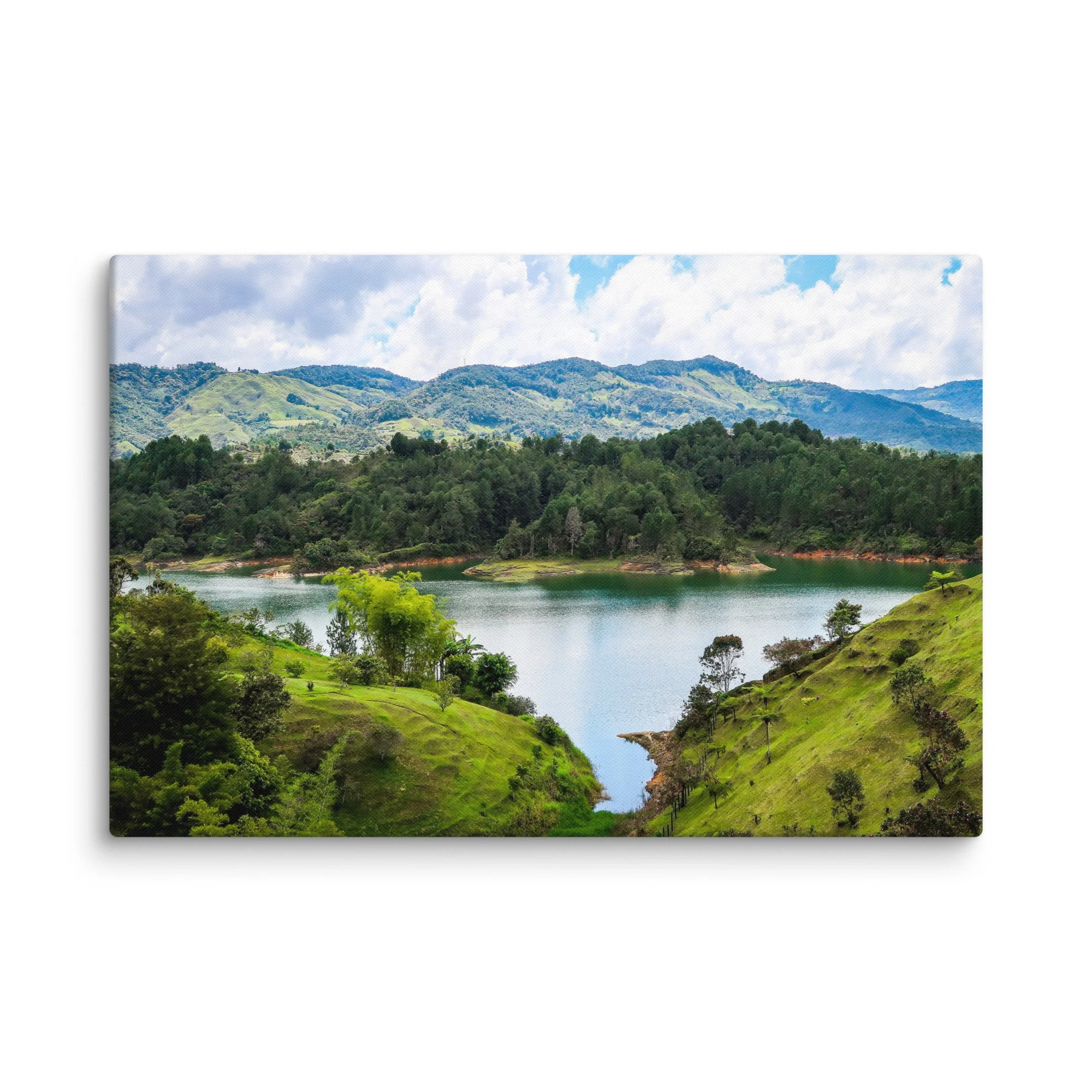 Iconic El Peñol Rock rising from turquoise Guatapé Reservoir with lush green islands and distant Andean mountains, Colombia – tropical lake travel photography canvas print wall art decor