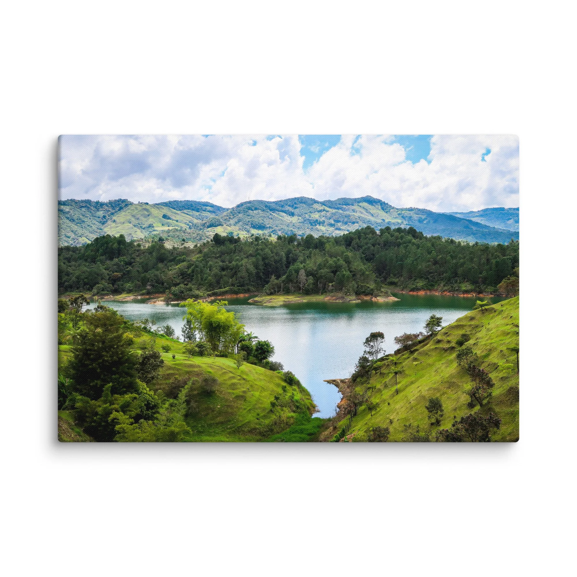 Iconic El Peñol Rock rising from turquoise Guatapé Reservoir with lush green islands and distant Andean mountains, Colombia – tropical lake travel photography canvas print wall art decor