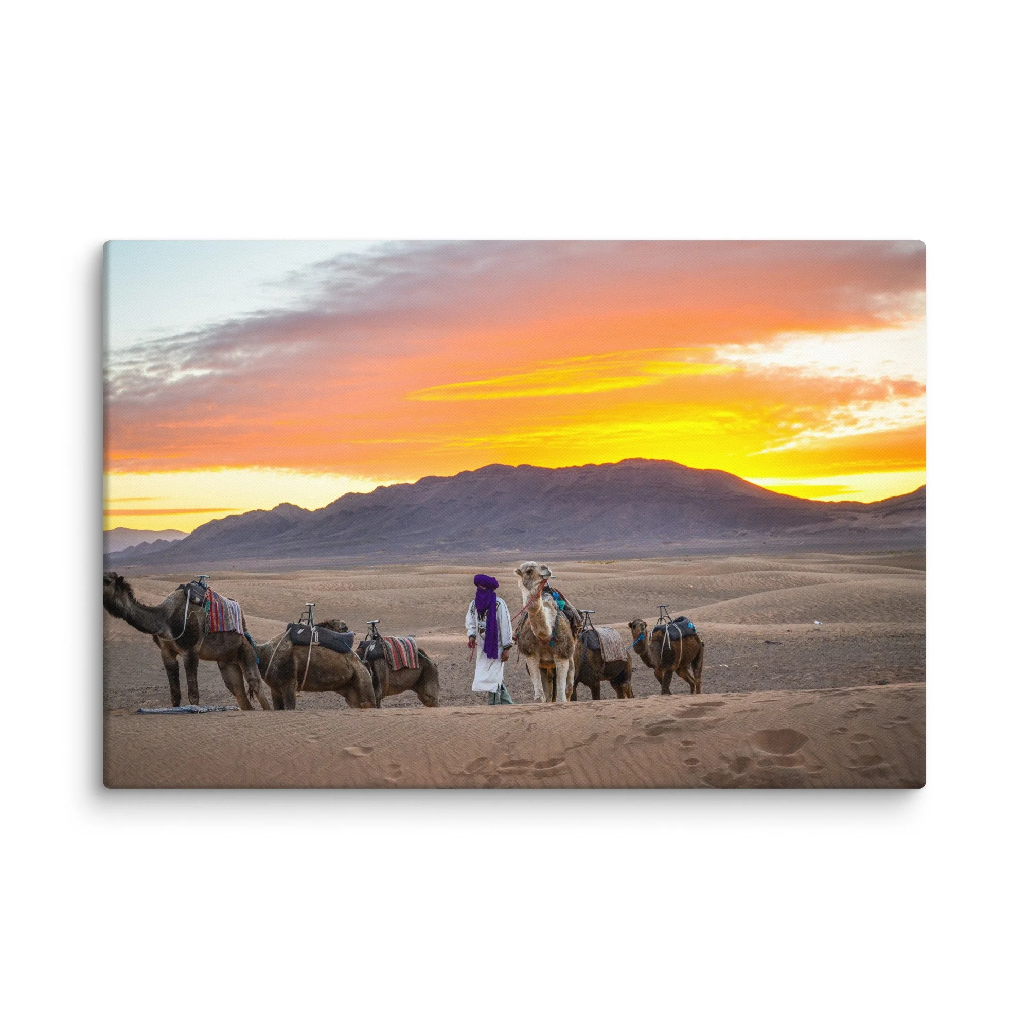 Berber guide in purple robes leading saddled camels across golden Sahara dunes at dramatic sunset, Erg Chebbi, Morocco – desert travel photography canvas print wall art decor