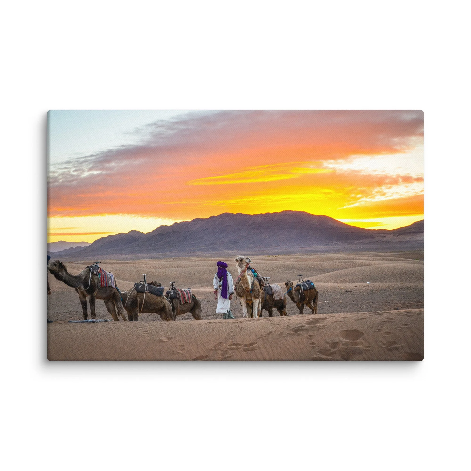 Berber guide in purple robes leading saddled camels across golden Sahara dunes at dramatic sunset, Erg Chebbi, Morocco – desert travel photography canvas print wall art decor