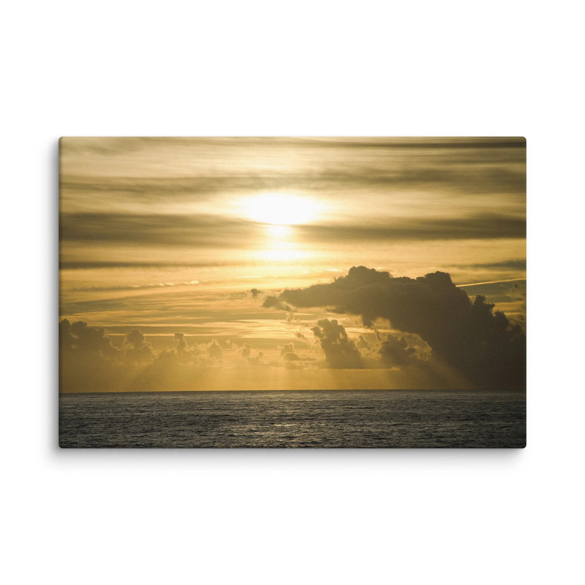 Golden sunset over calm Atlantic Ocean with dramatic layered clouds and rays of light, Portugal – coastal travel photography canvas print wall art decor
