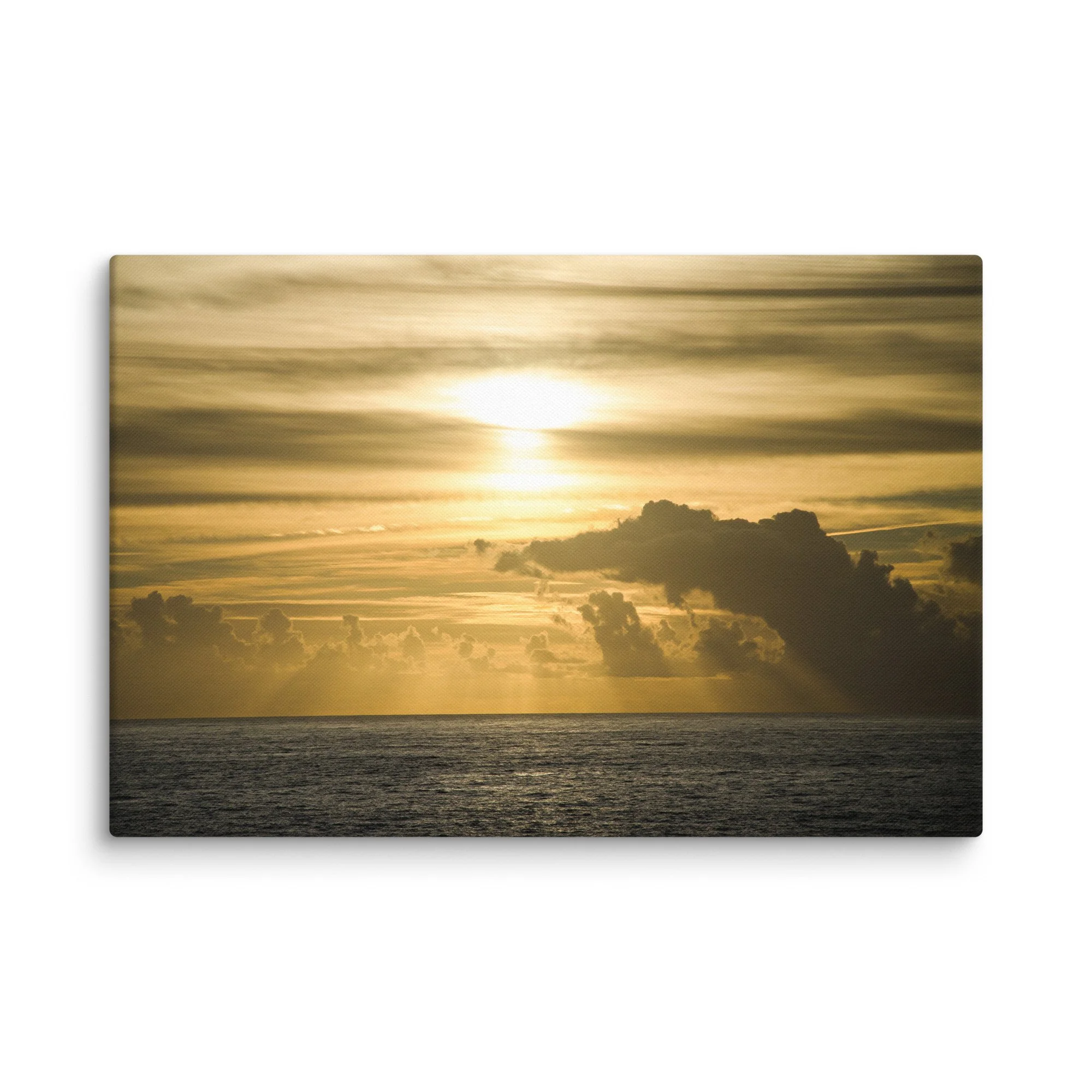 Golden sunset over calm Atlantic Ocean with dramatic layered clouds and rays of light, Portugal – coastal travel photography canvas print wall art decor