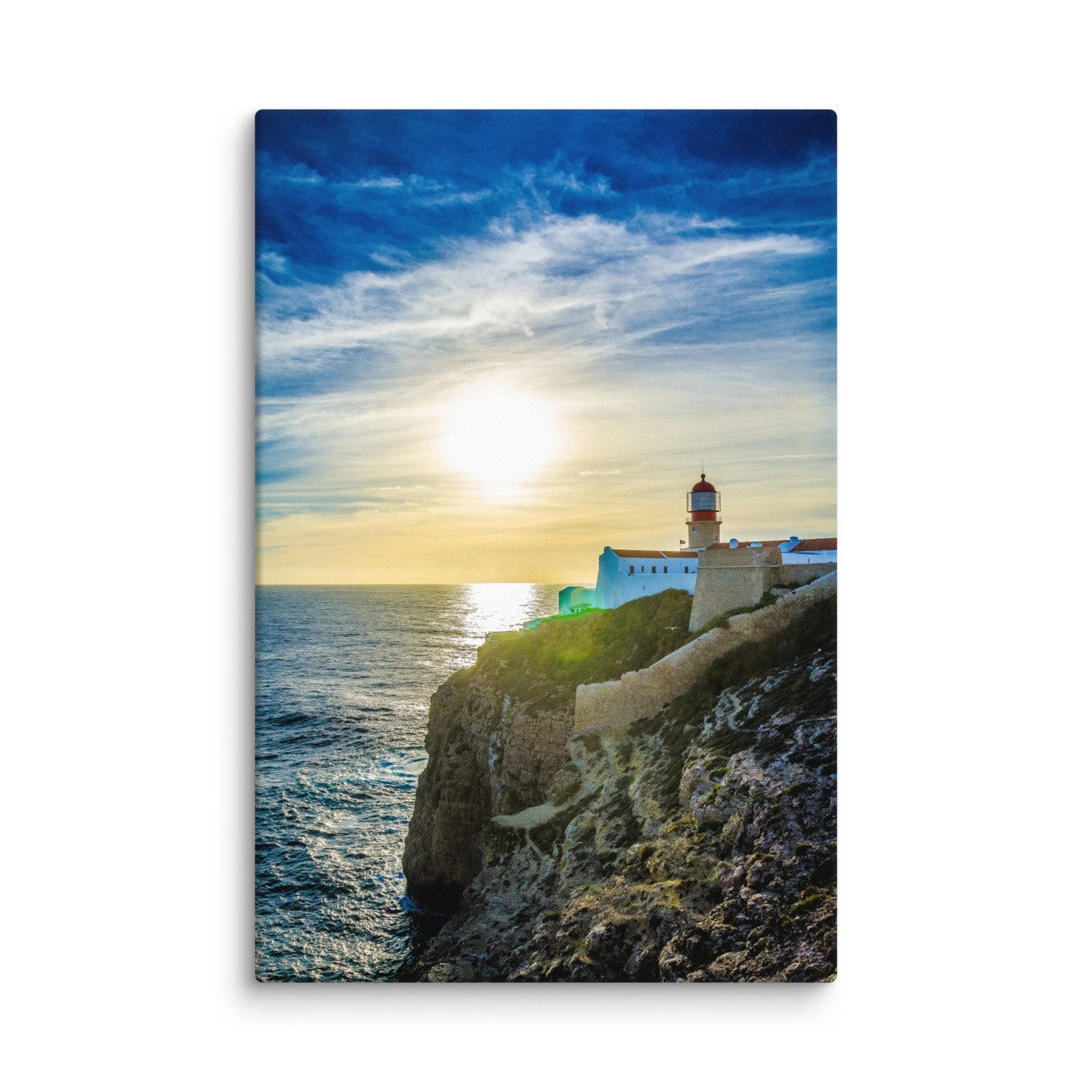 Historic Sagres lighthouse with red dome at sunset on rugged cliffs overlooking turquoise Atlantic Ocean, Portugal – coastal travel photography canvas print wall art decor