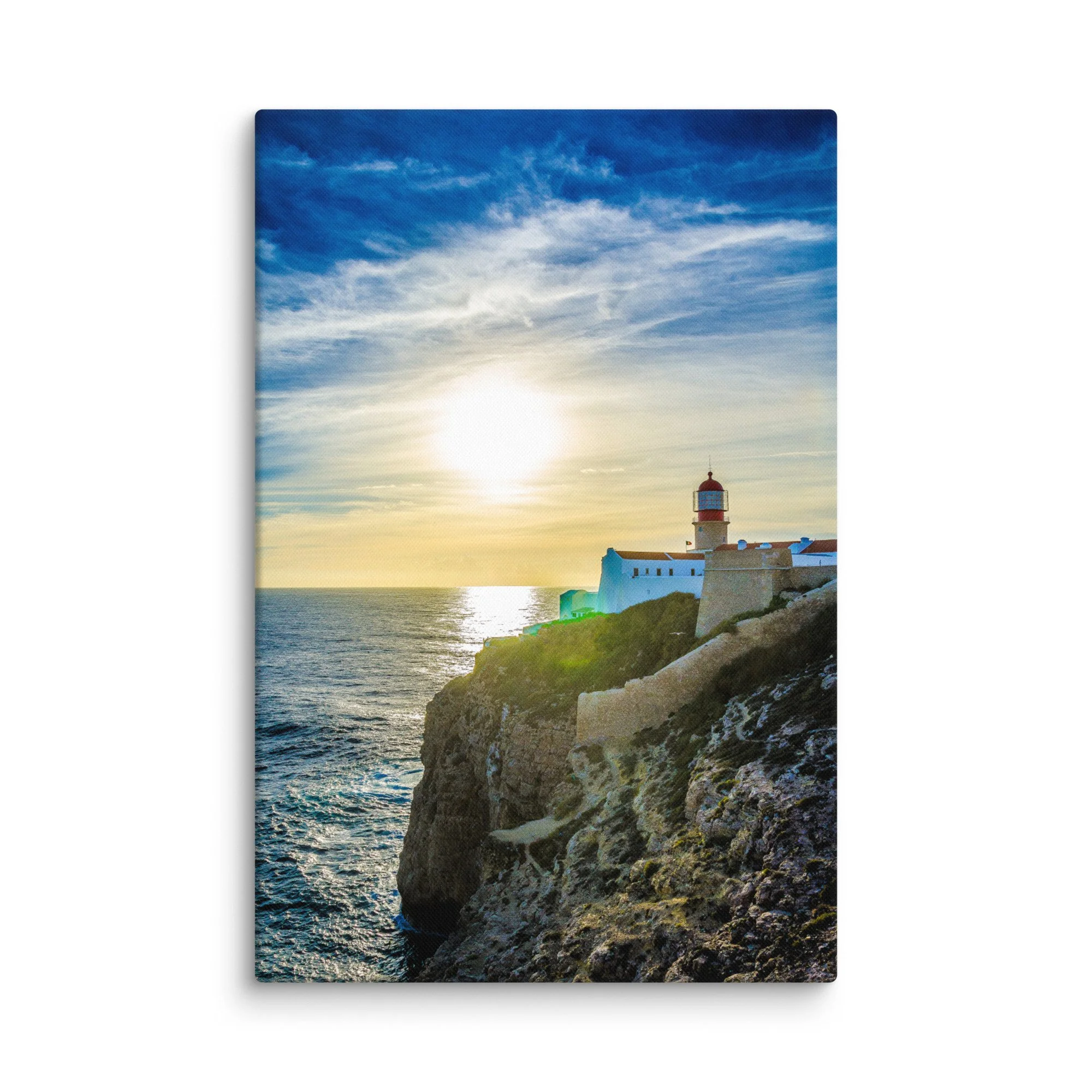 Historic Sagres lighthouse with red dome at sunset on rugged cliffs overlooking turquoise Atlantic Ocean, Portugal – coastal travel photography canvas print wall art decor