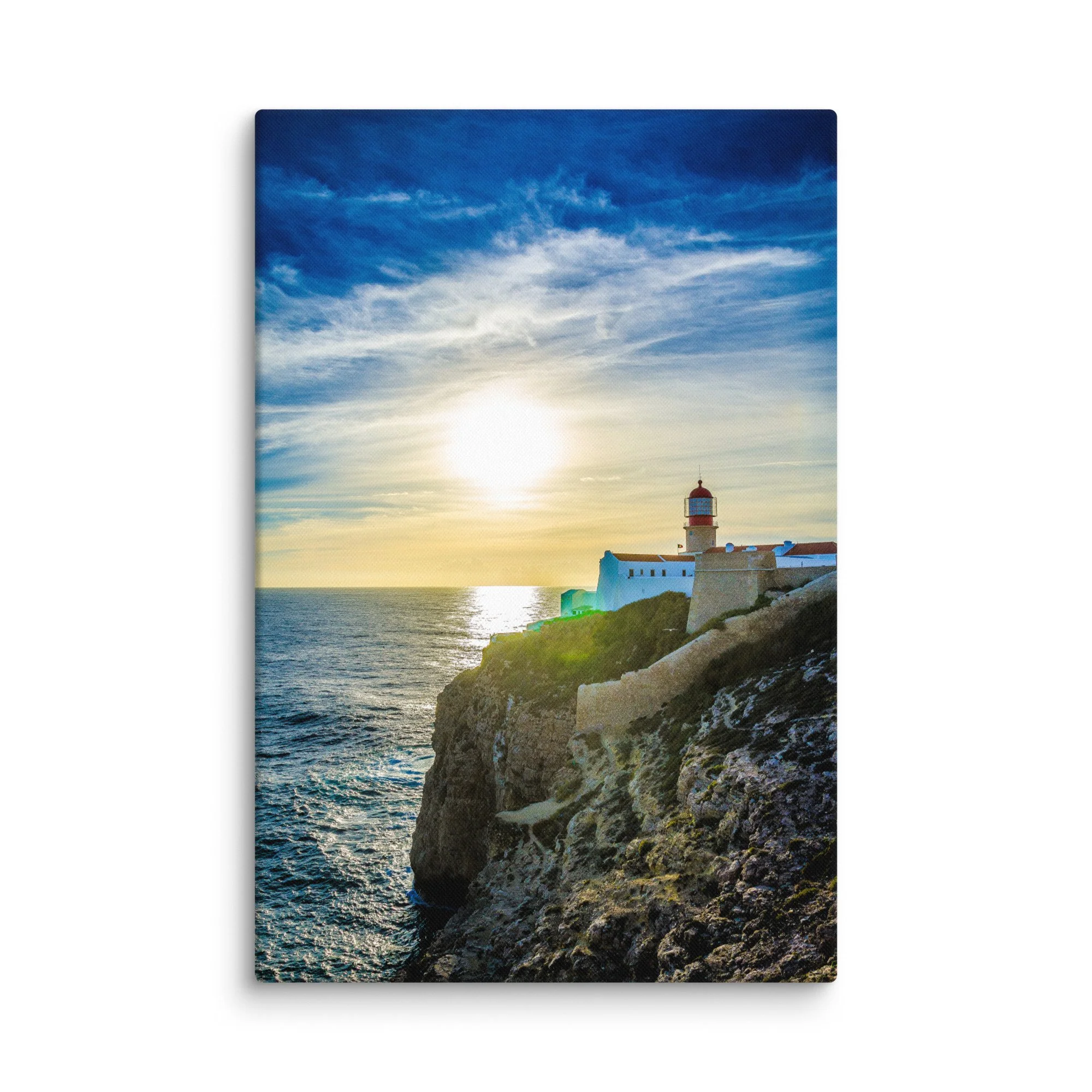 Historic Sagres lighthouse with red dome at sunset on rugged cliffs overlooking turquoise Atlantic Ocean, Portugal – coastal travel photography canvas print wall art decor
