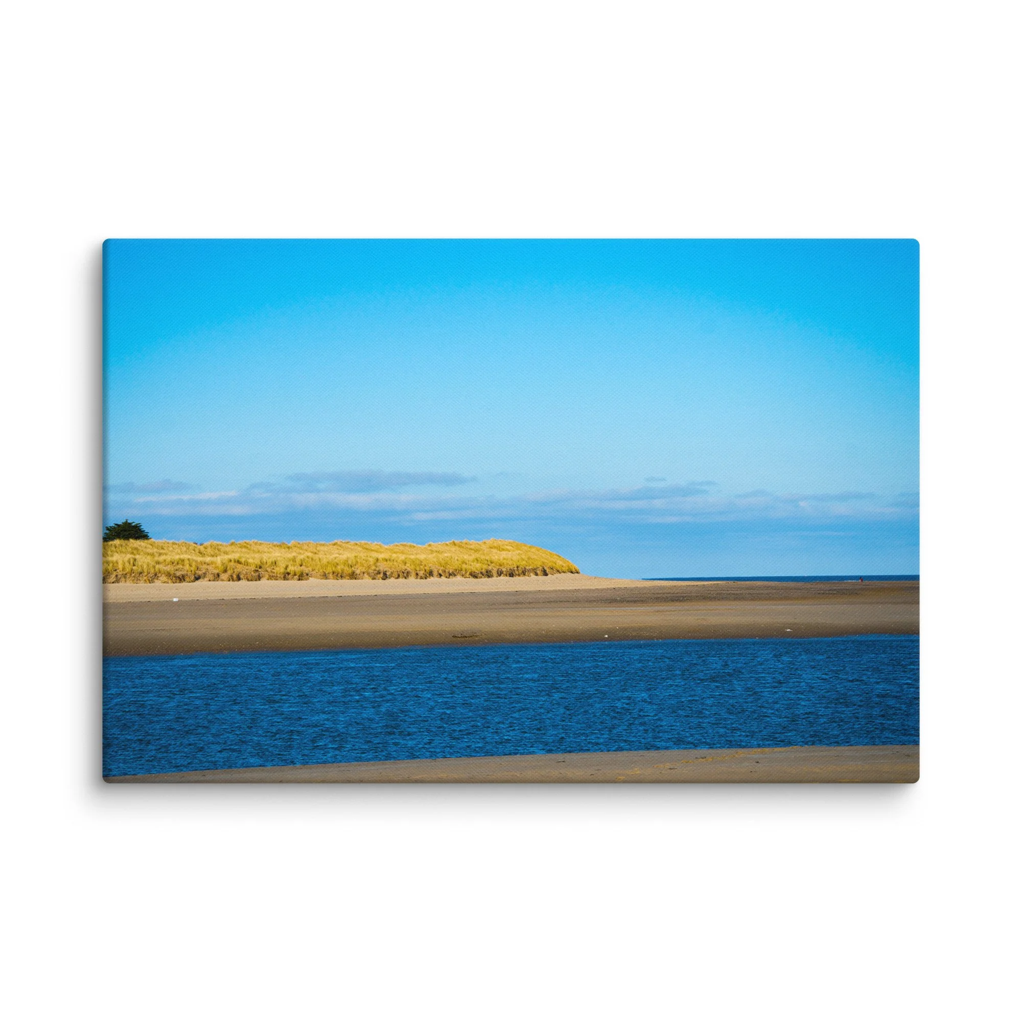 Vast golden sandy beach with rolling marram grass dunes and calm blue Atlantic Ocean under soft sky, Ireland – coastal travel photography canvas print wall art decor