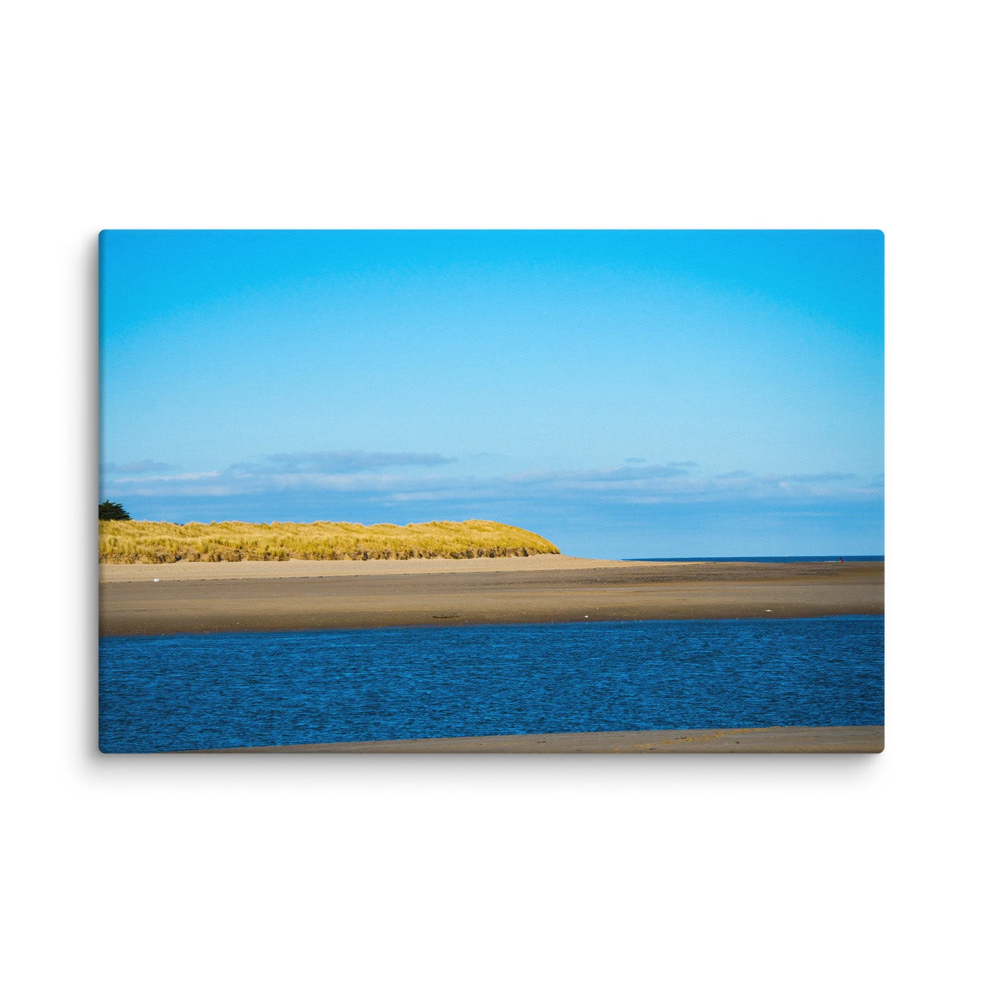 Vast golden sandy beach with rolling marram grass dunes and calm blue Atlantic Ocean under soft sky, Ireland – coastal travel photography canvas print wall art decor