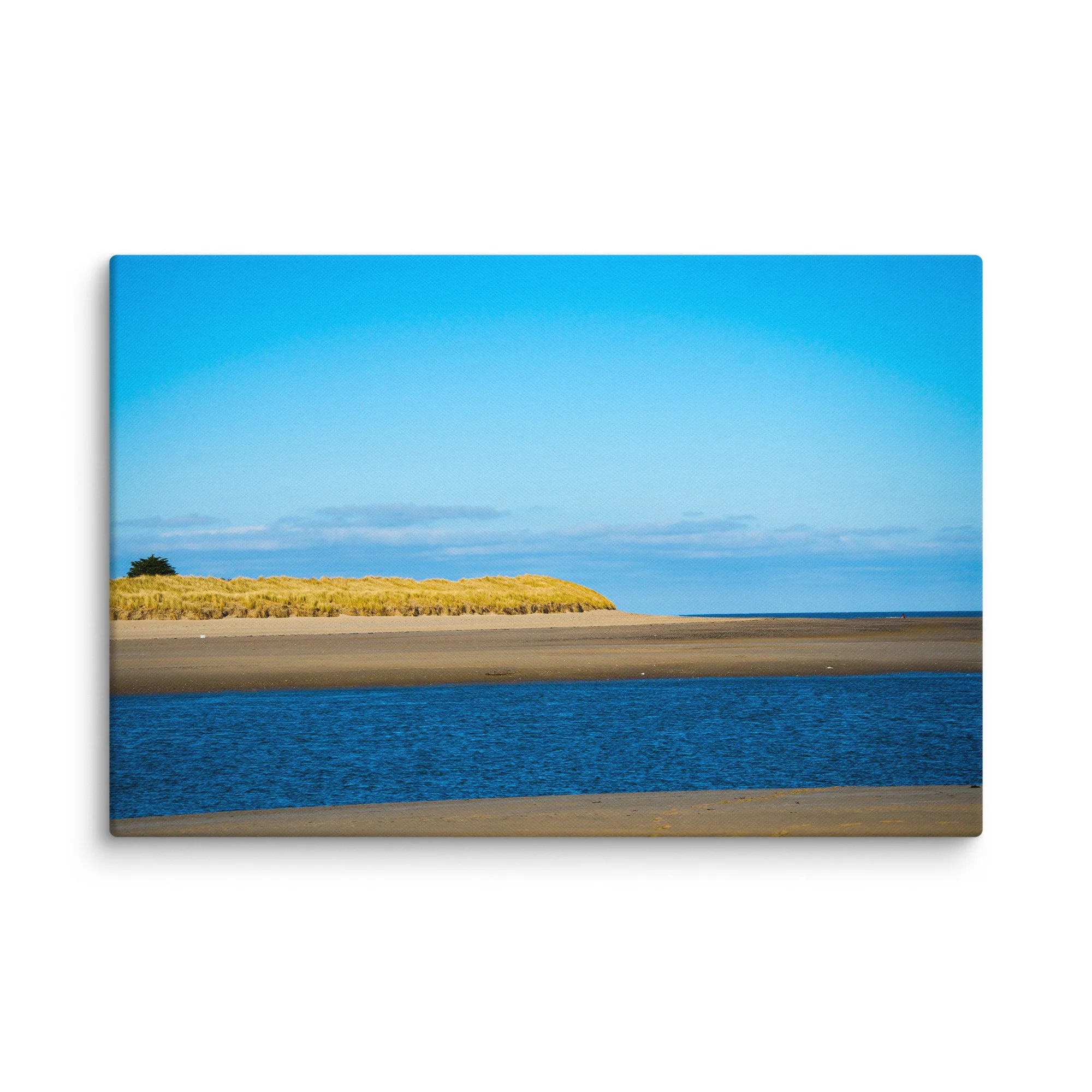 Vast golden sandy beach with rolling marram grass dunes and calm blue Atlantic Ocean under soft sky, Ireland – coastal travel photography canvas print wall art decor