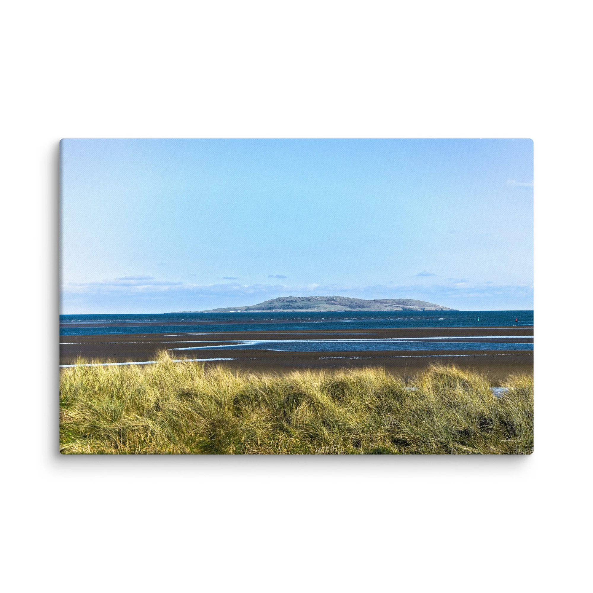 Golden marram grass dunes overlooking a vast tidal bay with distant island rising from the Atlantic horizon, Ireland – coastal travel photography canvas print wall art decor