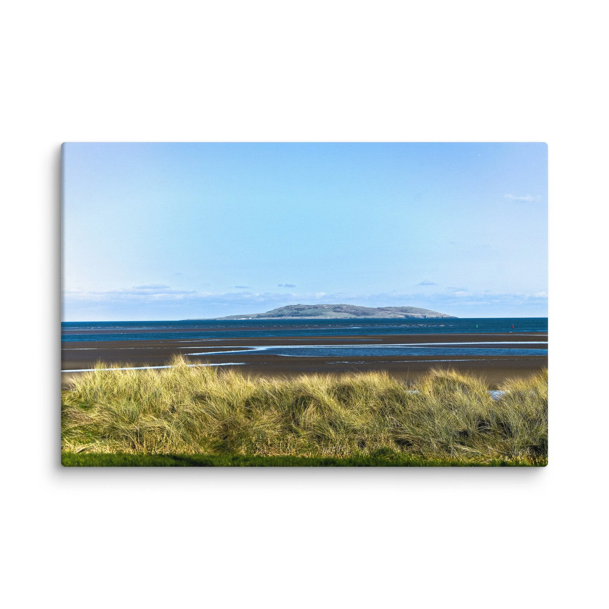 Golden marram grass dunes overlooking a vast tidal bay with distant island rising from the Atlantic horizon, Ireland – coastal travel photography canvas print wall art decor