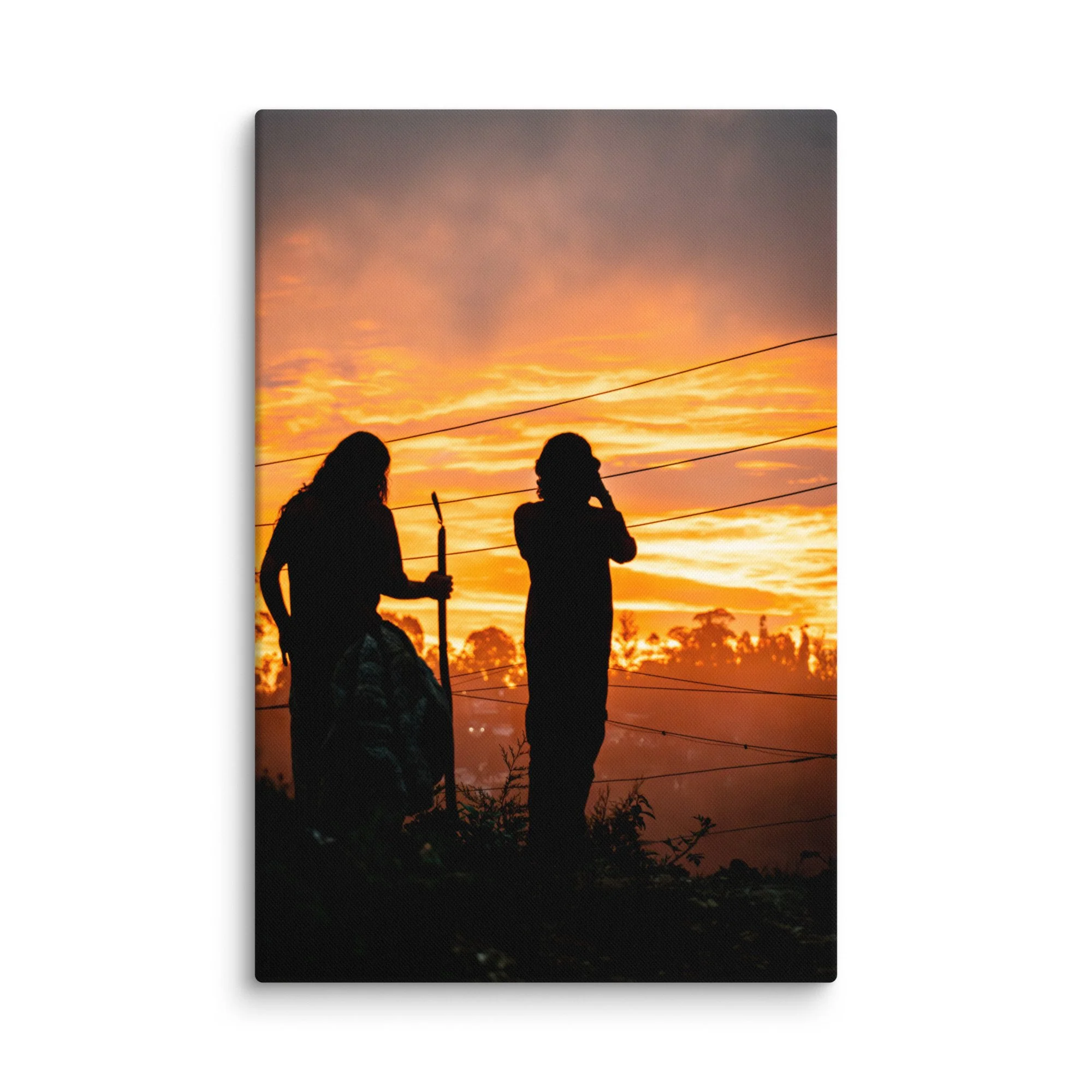 Lone figure silhouetted against dramatic golden sunset in misty Nilgiri hills, Tamil Nadu, South India – highland travel photography canvas print wall art decor