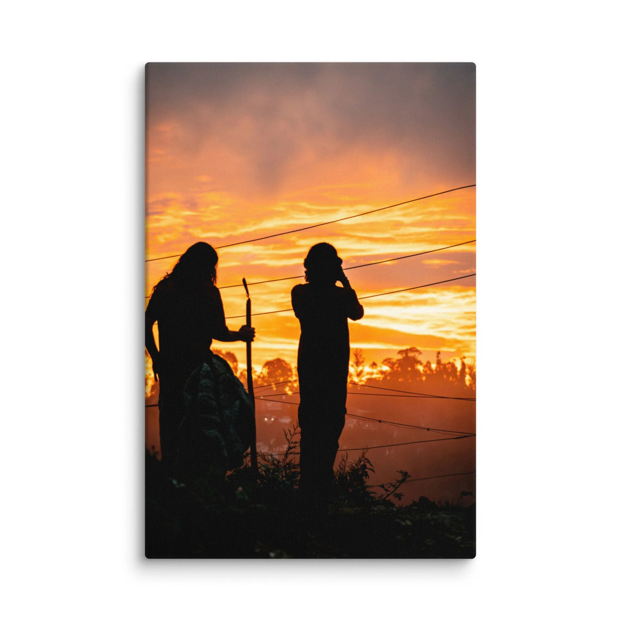 Lone figure silhouetted against dramatic golden sunset in misty Nilgiri hills, Tamil Nadu, South India – highland travel photography canvas print wall art decor