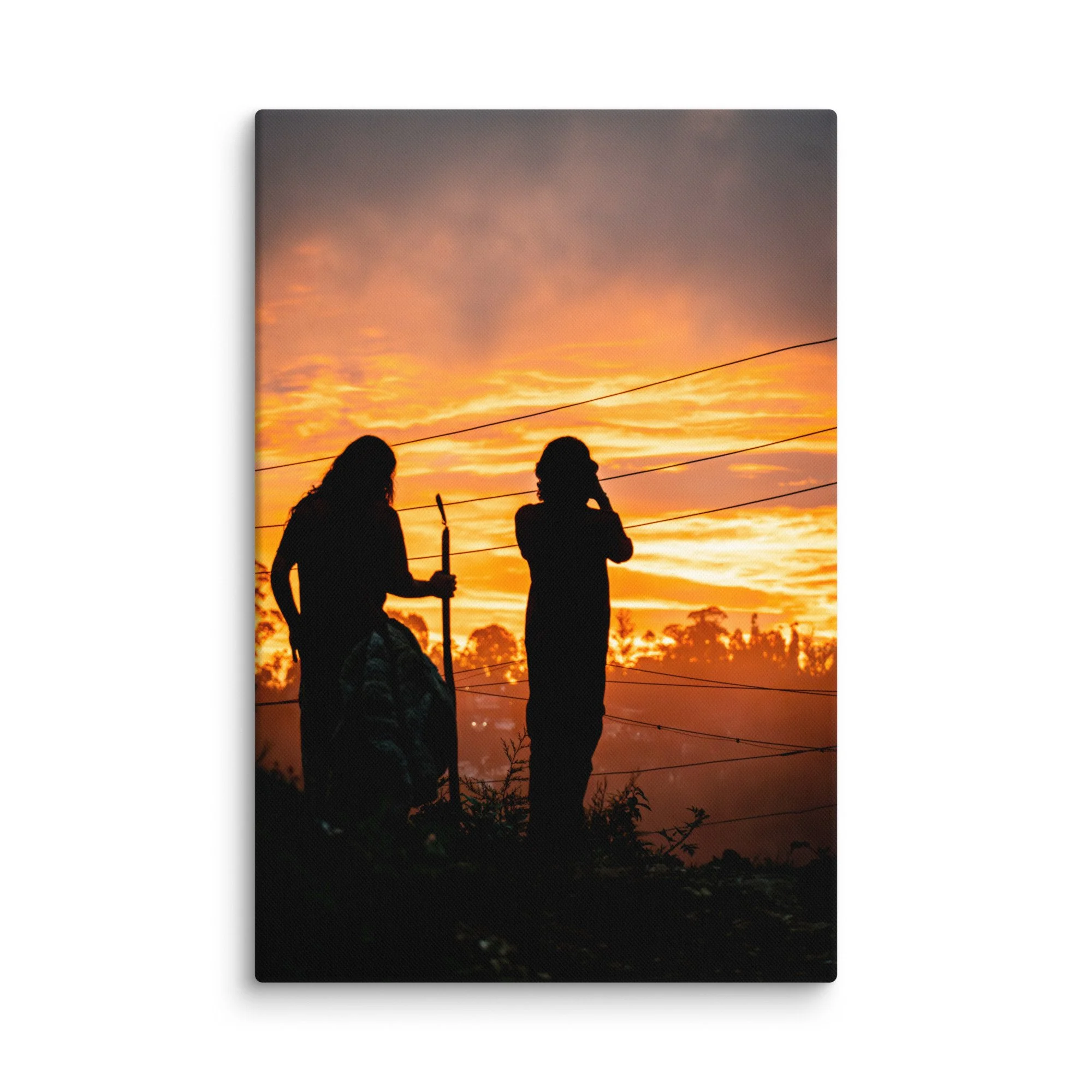 Lone figure silhouetted against dramatic golden sunset in misty Nilgiri hills, Tamil Nadu, South India – highland travel photography canvas print wall art decor