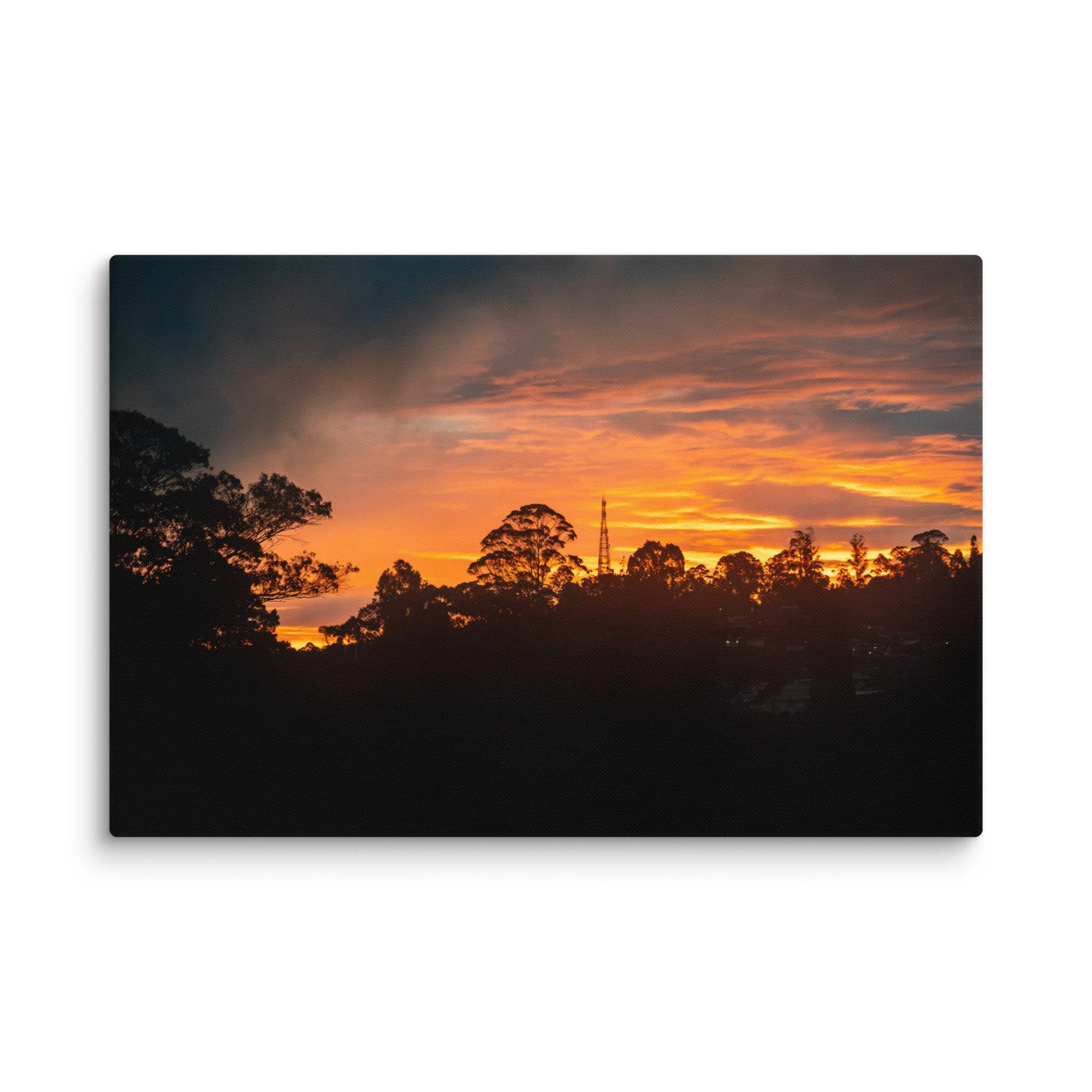 Silhouetted eucalyptus trees and radio tower against dramatic golden sunset in misty Nilgiri hills, Tamil Nadu, South India – highland travel photography canvas print wall art decor