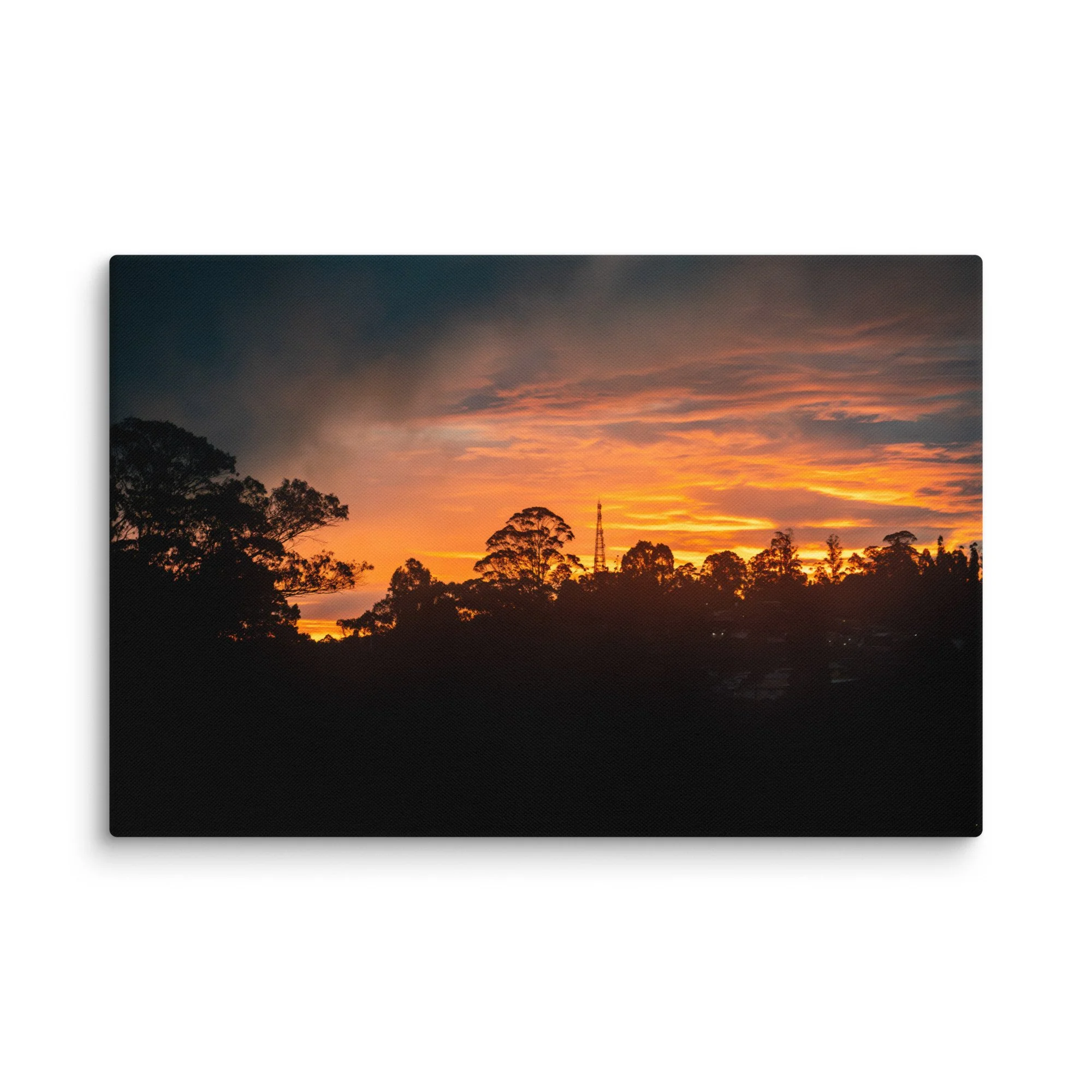 Silhouetted eucalyptus trees and radio tower against dramatic golden sunset in misty Nilgiri hills, Tamil Nadu, South India – highland travel photography canvas print wall art decor
