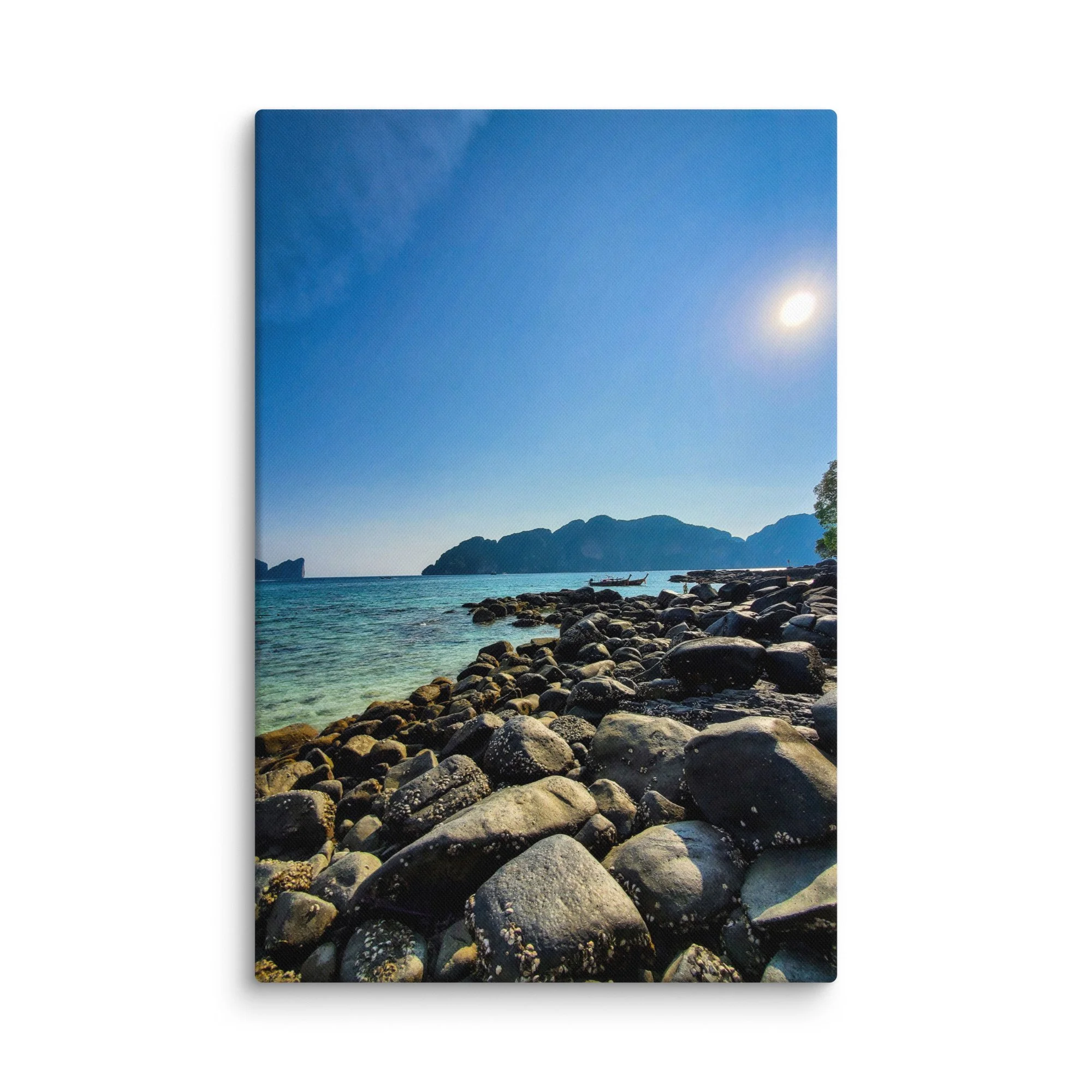Rugged rocky shoreline with barnacle-covered boulders and turquoise Andaman Sea waters in Krabi, Thailand – tropical beach travel photography canvas print wall art decor
