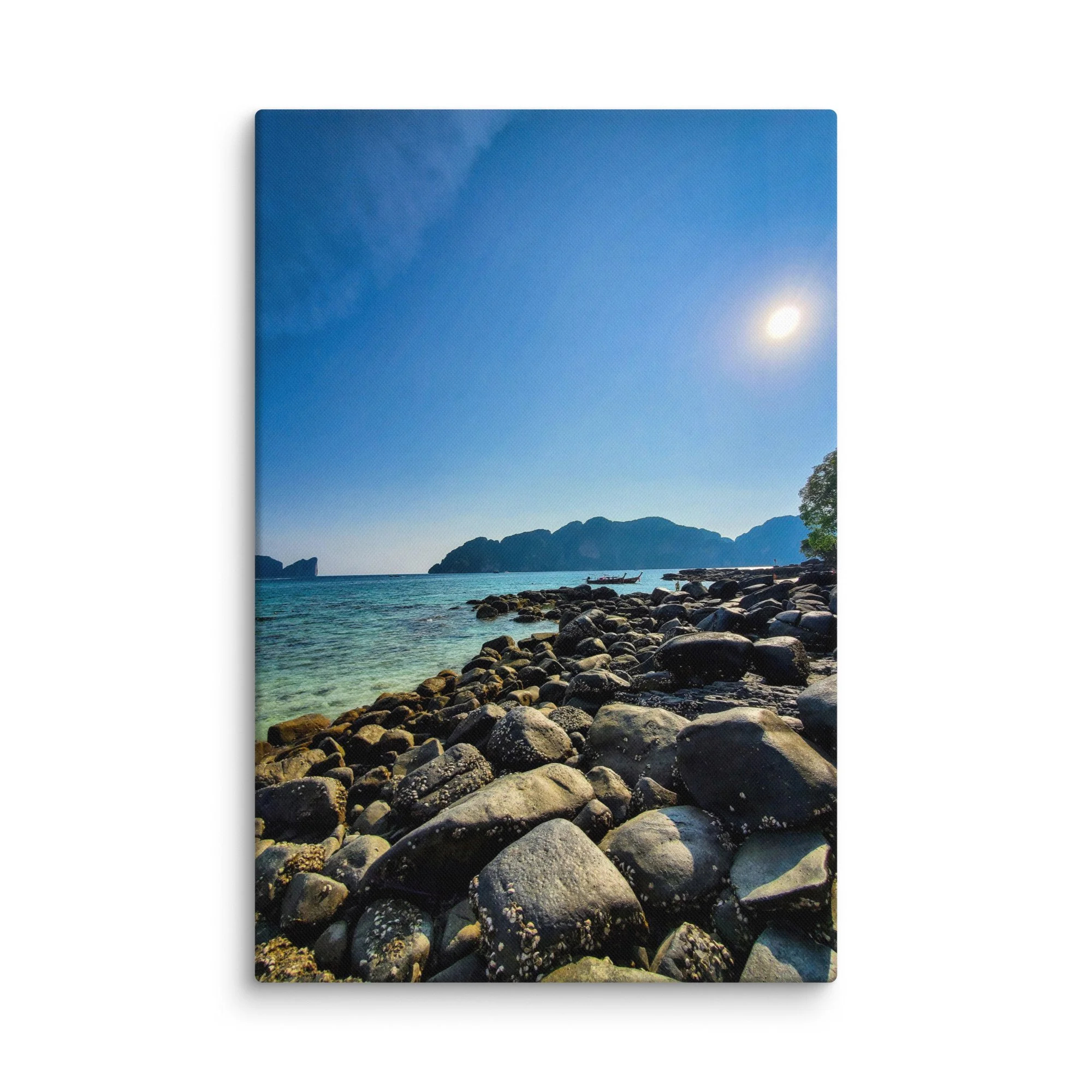 Rugged rocky shoreline with barnacle-covered boulders and turquoise Andaman Sea waters in Krabi, Thailand – tropical beach travel photography canvas print wall art decor
