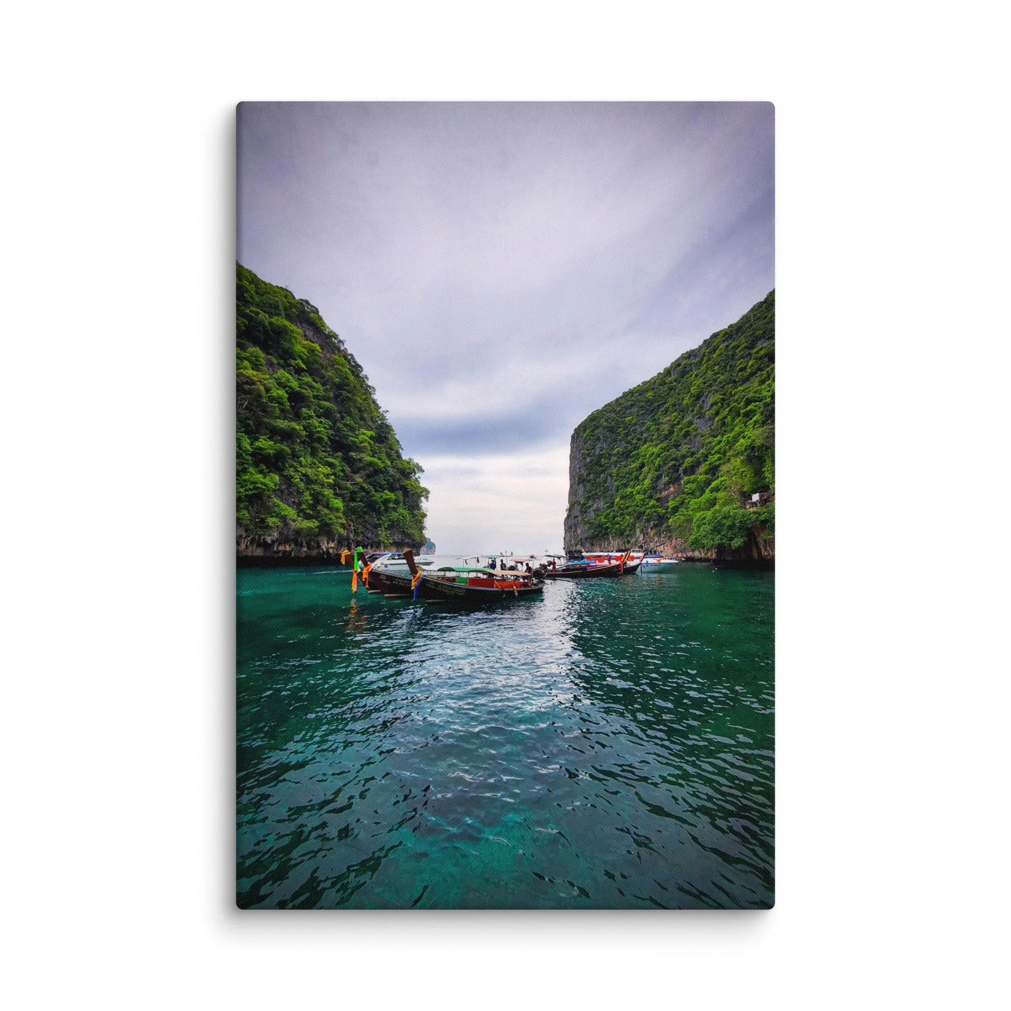 Colorful longtail boats moored in emerald waters between dramatic limestone karsts in Phang Nga Bay, Krabi, Thailand – tropical travel photography canvas print wall art decor