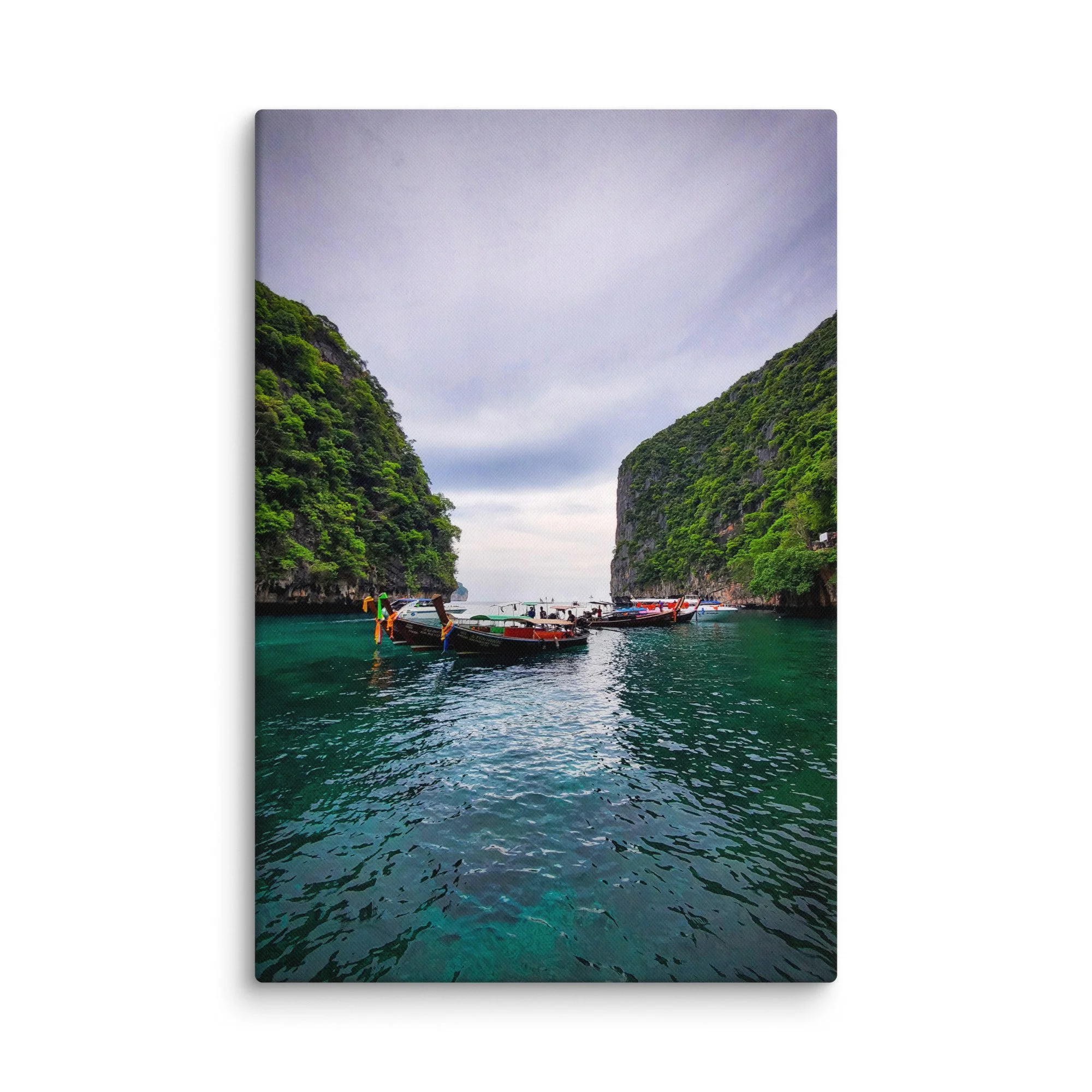 Colorful longtail boats moored in emerald waters between dramatic limestone karsts in Phang Nga Bay, Krabi, Thailand – tropical travel photography canvas print wall art decor