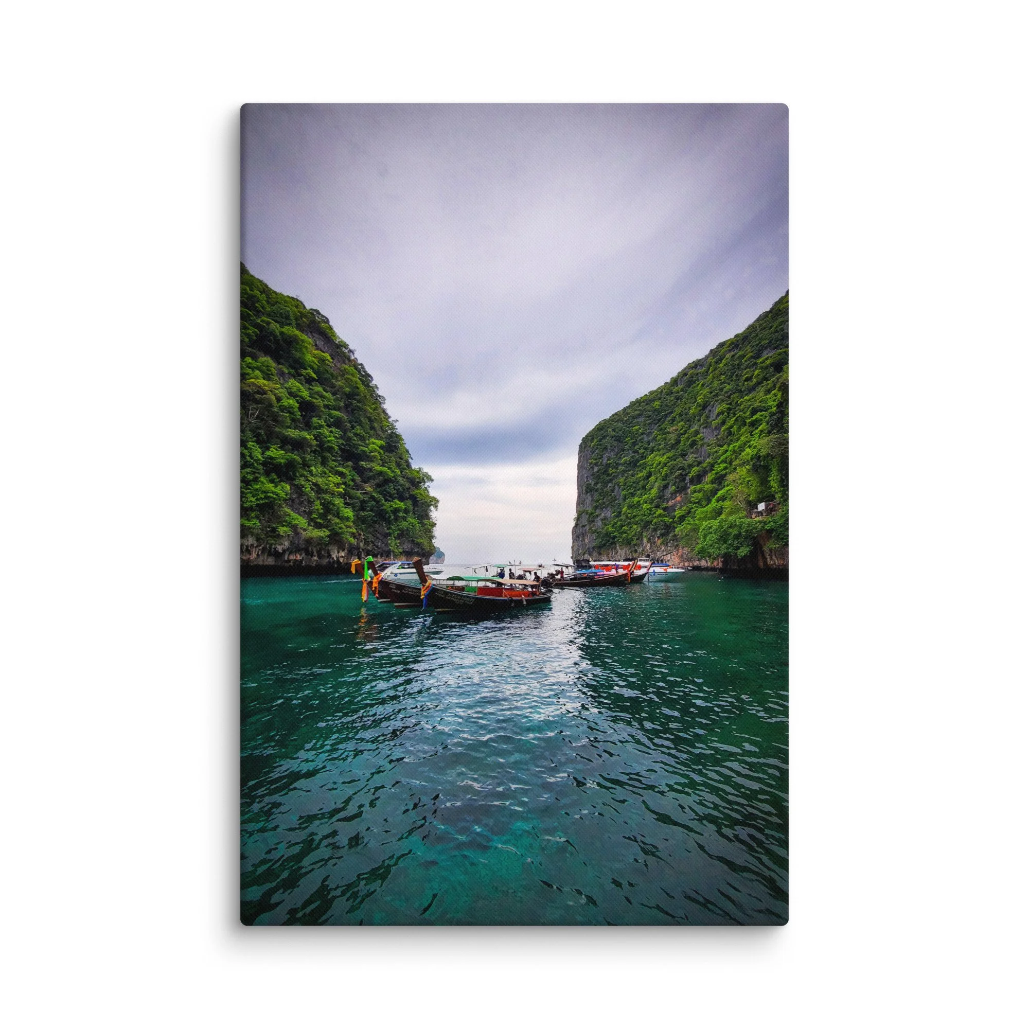 Colorful longtail boats moored in emerald waters between dramatic limestone karsts in Phang Nga Bay, Krabi, Thailand – tropical travel photography canvas print wall art decor