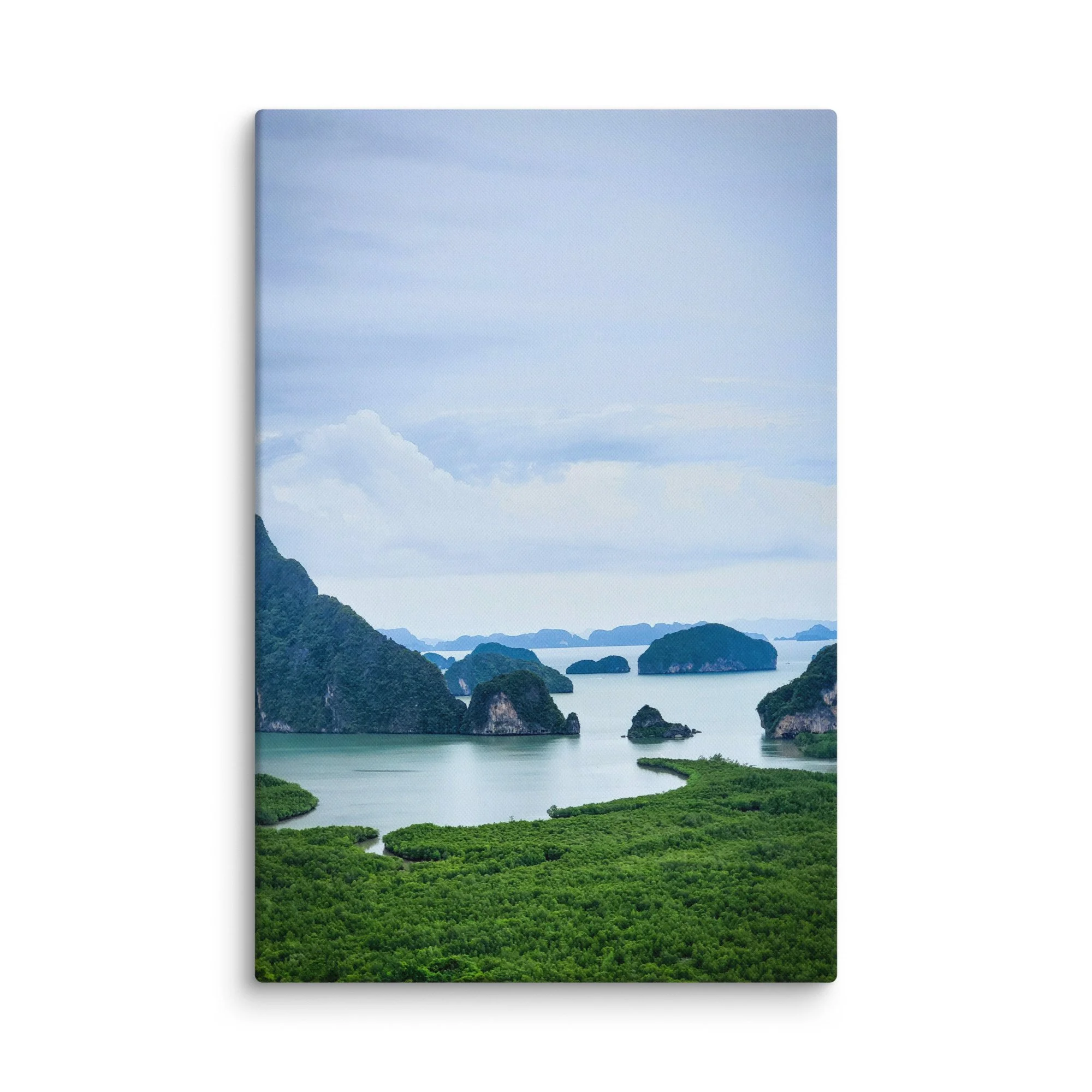 Panoramic view of emerald waters and dramatic limestone karsts in Ha Long Bay, Vietnam, with lush mangroves and misty mountains – tropical travel photography canvas print wall art decor